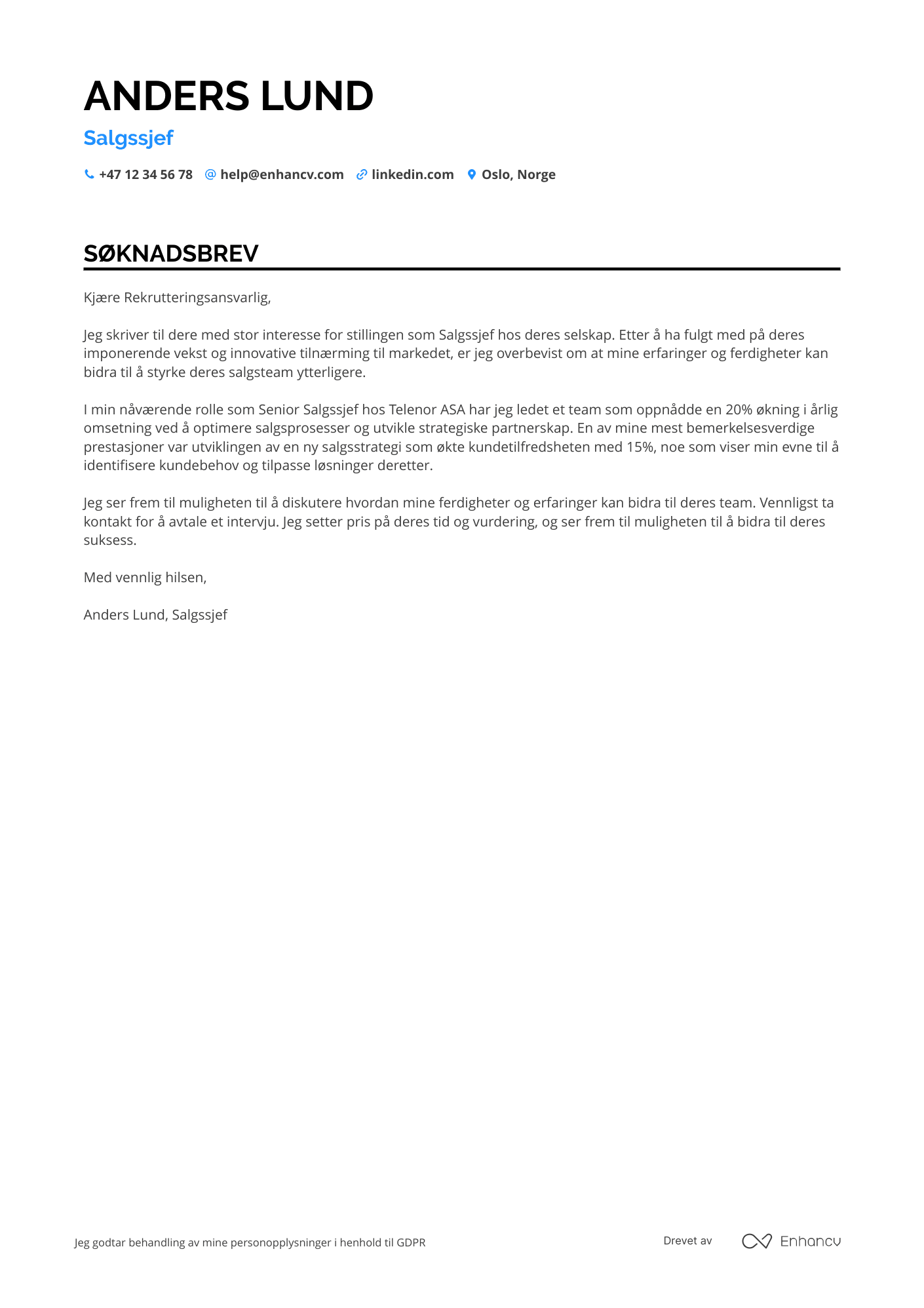 Søknadsbrev for Salgssjef B2B