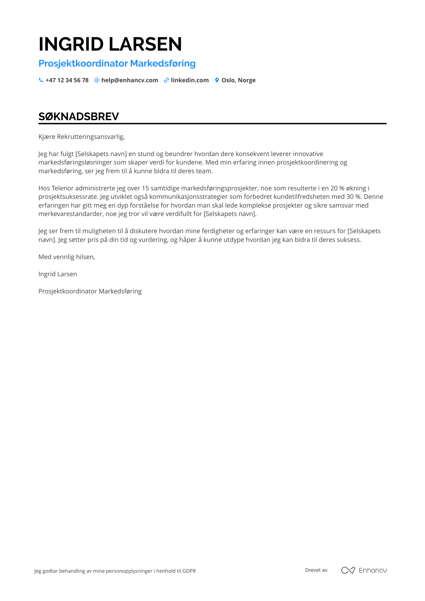 Søknadsbrev for Prosjektkoordinator markedsføring