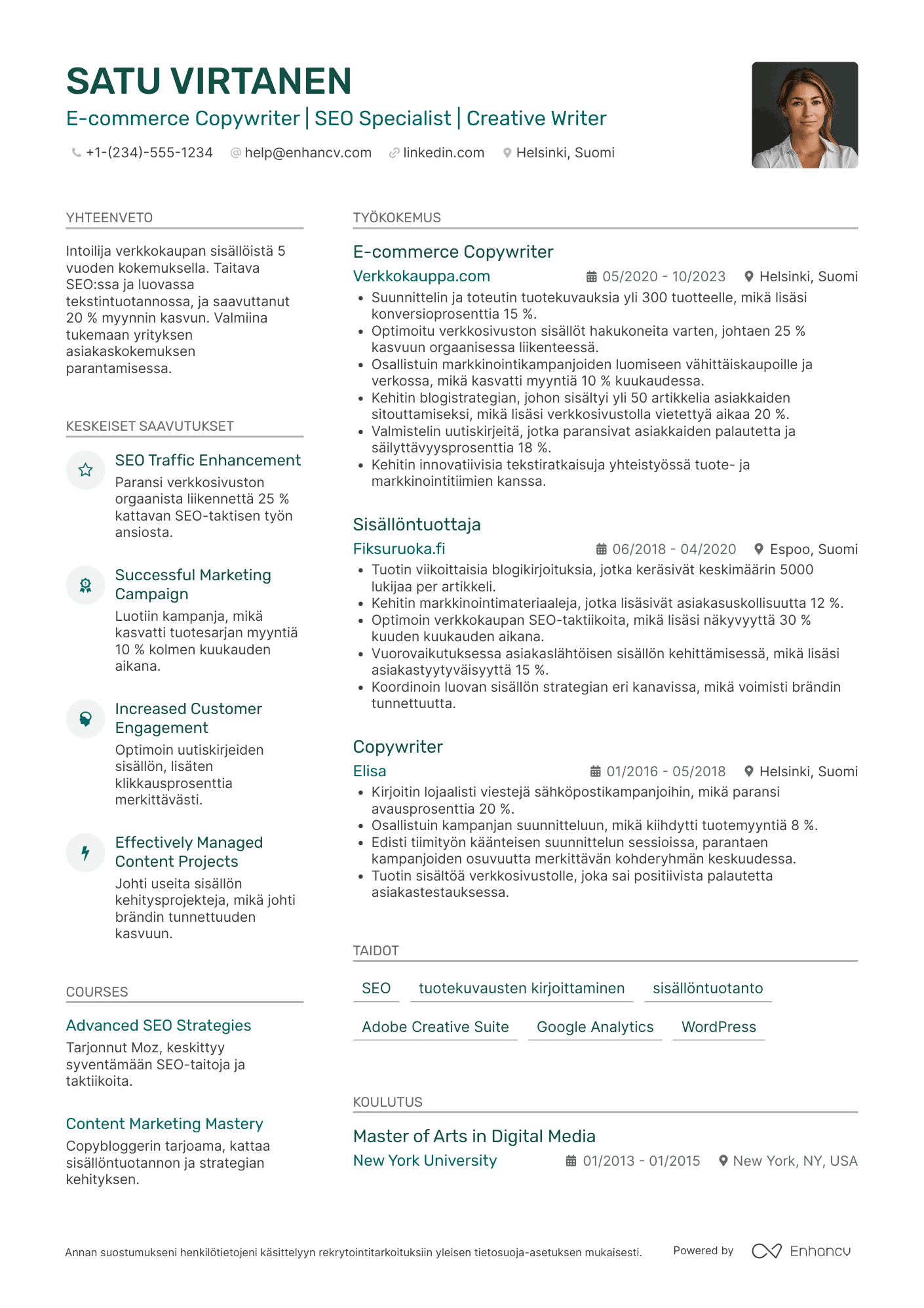 Ansioluettelo E commerce Copywriter