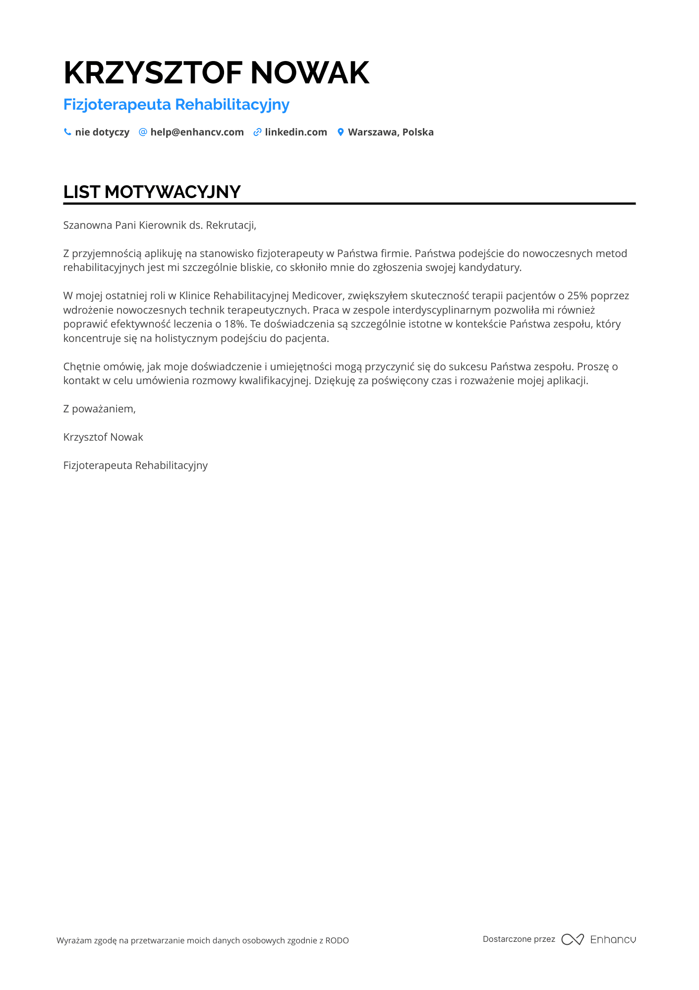 List motywacyjny dla Fizjoterapeuta Rehabilitacyjny