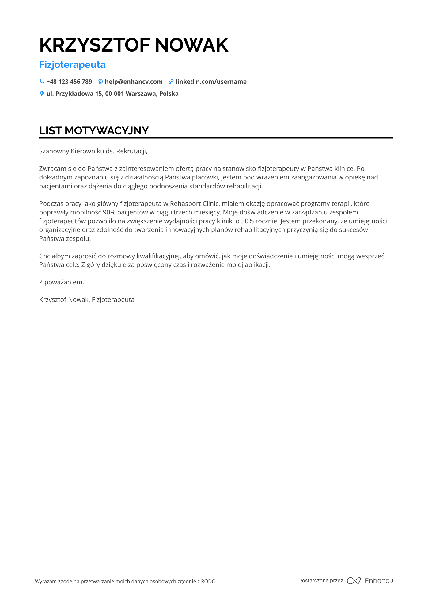 List motywacyjny dla Fizjoterapeuta w Domu Opieki