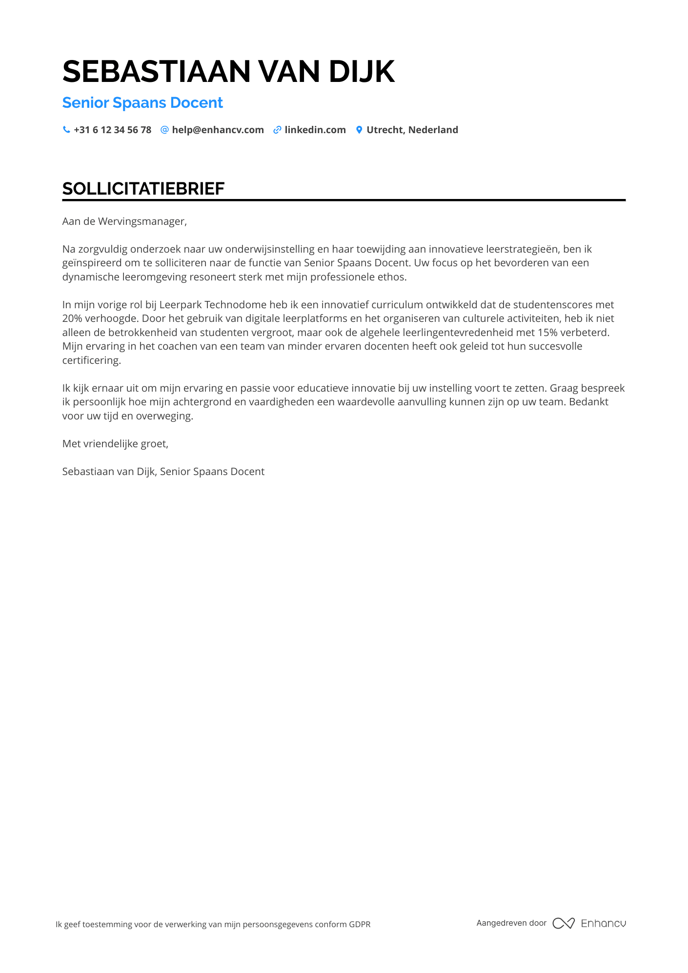 Sollicitatiebrief voor Senior Spaans Docent