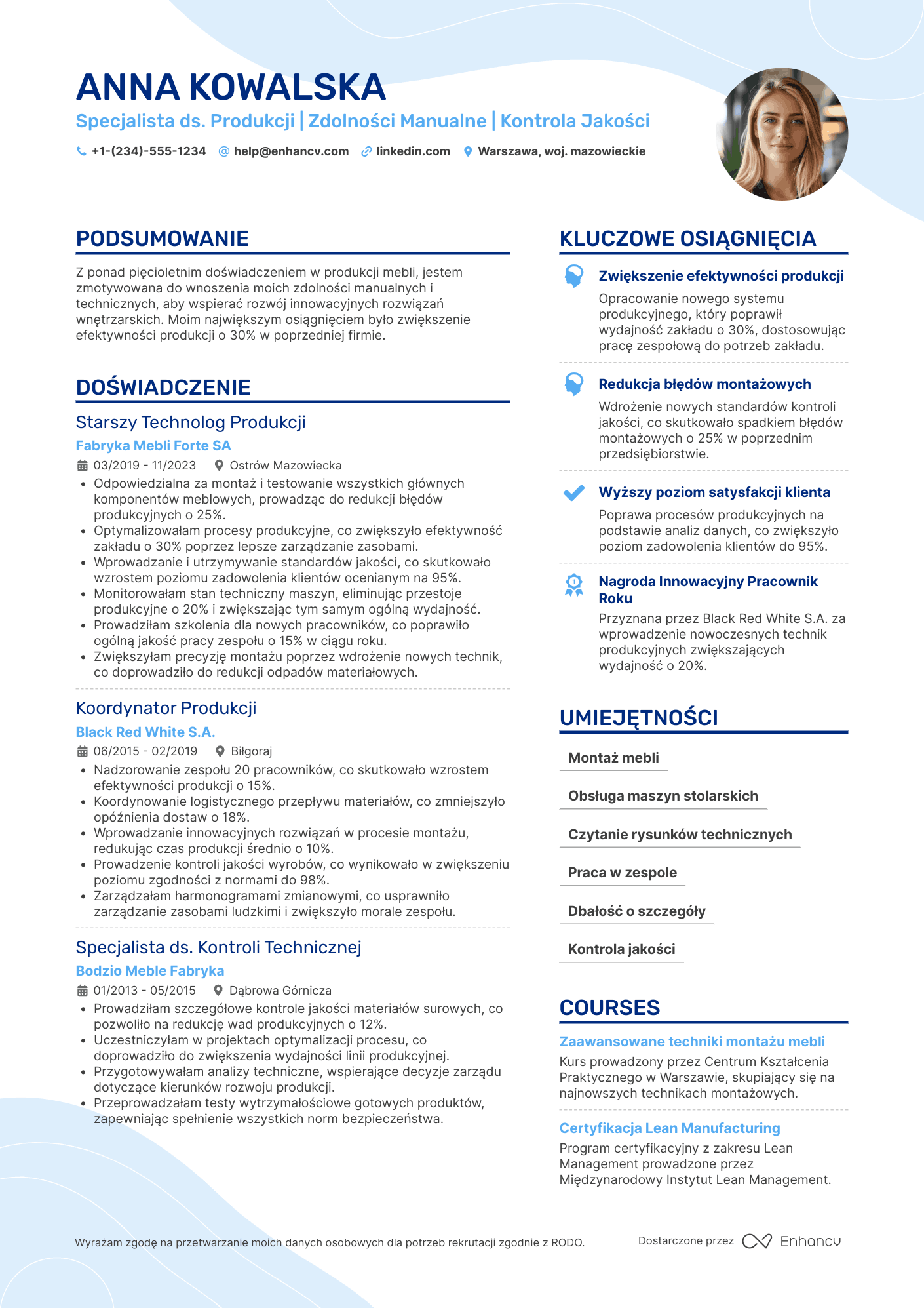 CV dla Pracownik Produkcji Meblarski