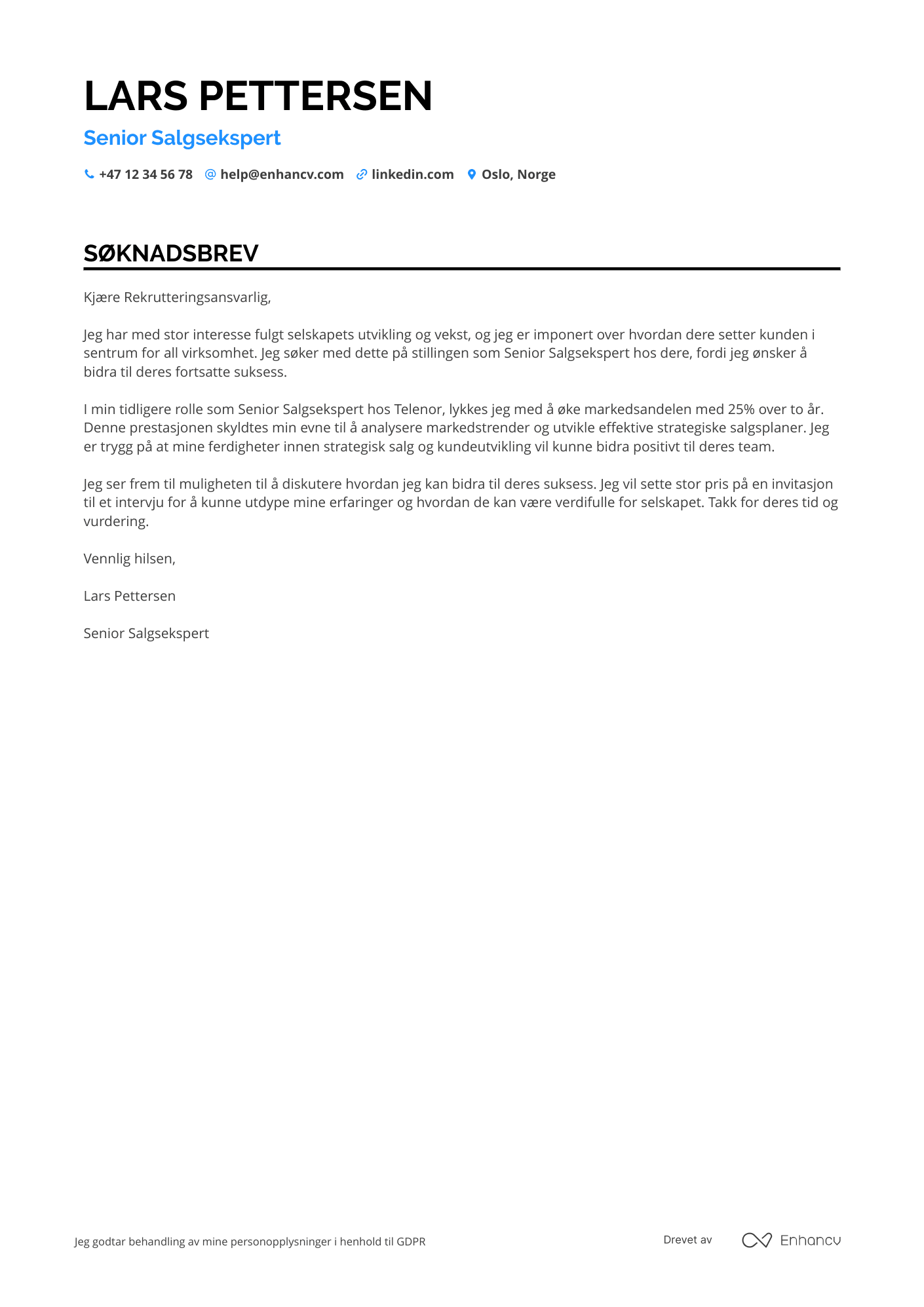 Søknadsbrev for Senior Salgsekspert