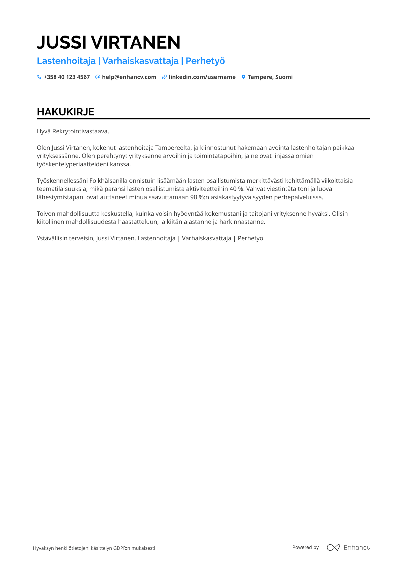 Hakukirje Lastenhoitaja kotipalvelutyöntekijä