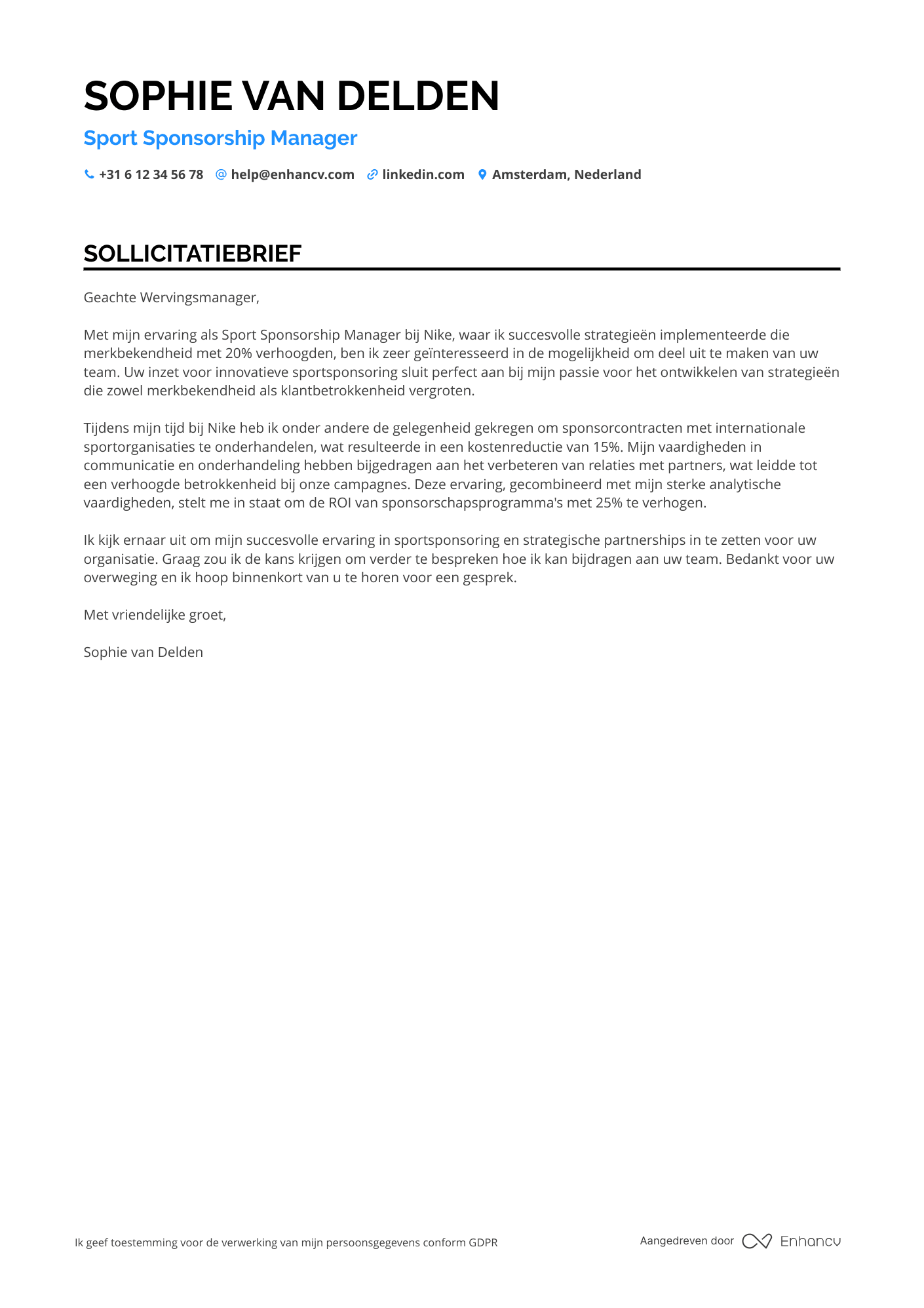 Sollicitatiebrief voor Sport Sponsorship Manager