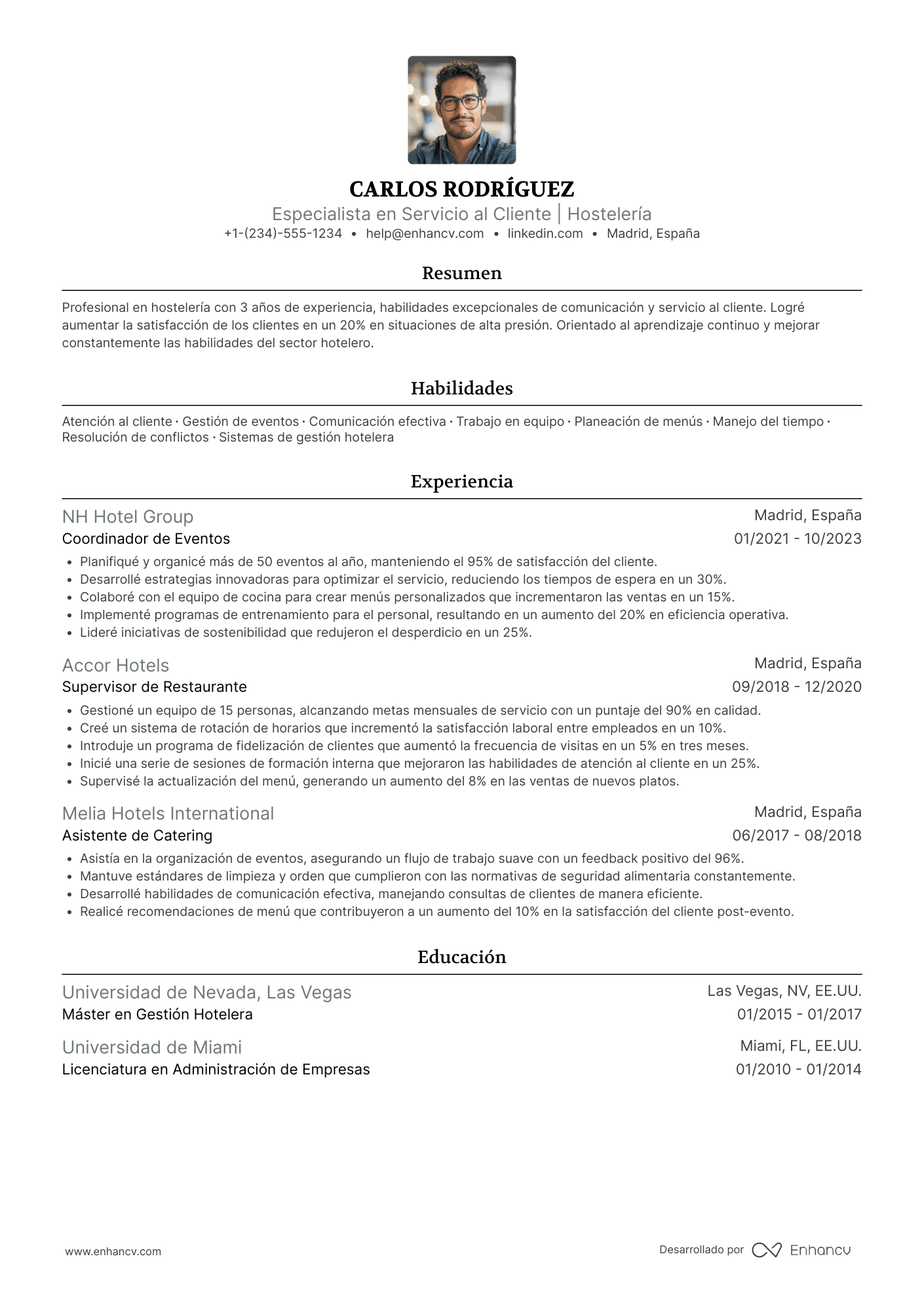 Ejemplo de currículum de hostelería sin experiencia