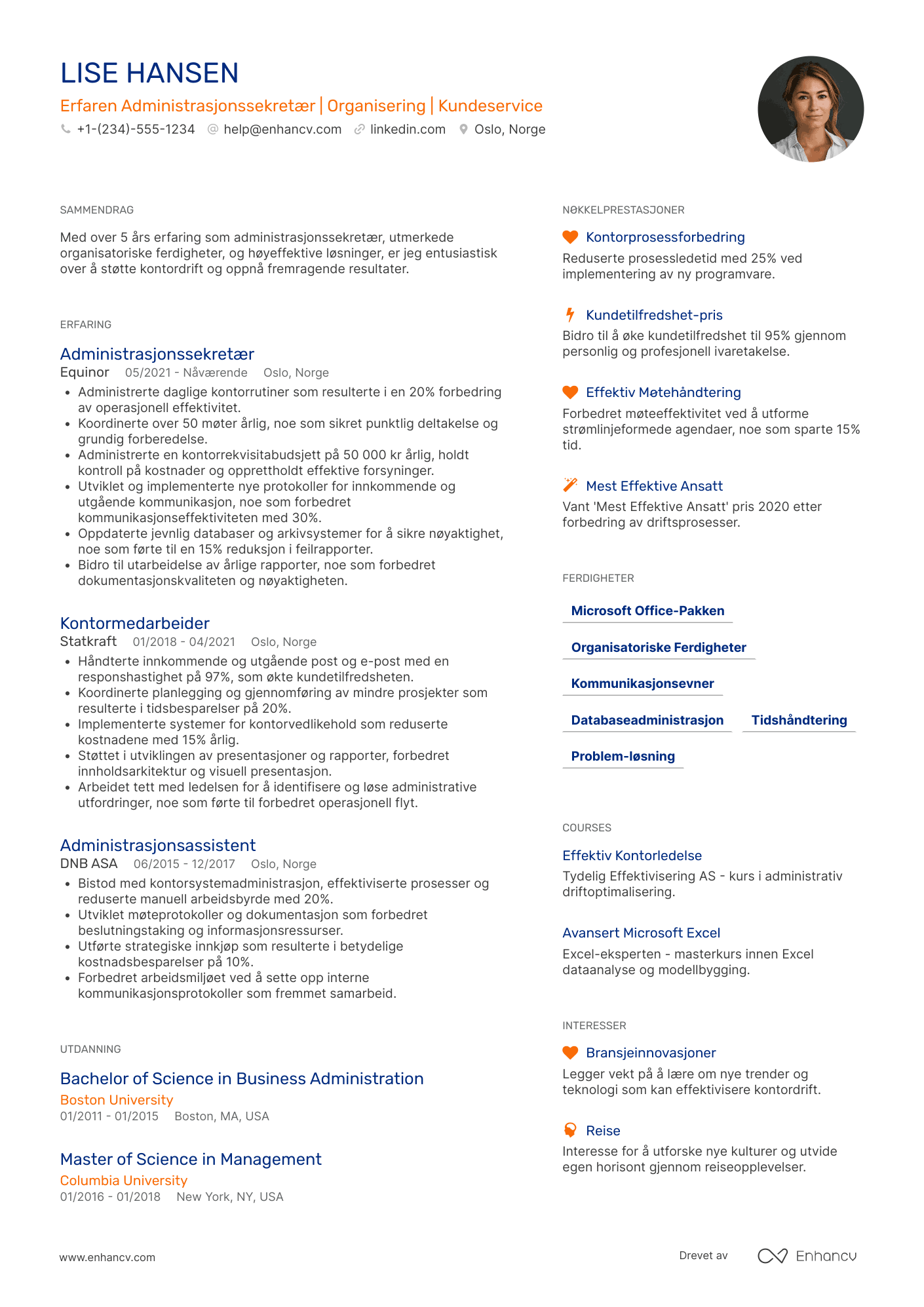 CV for Erfaren Administrasjonssekretær