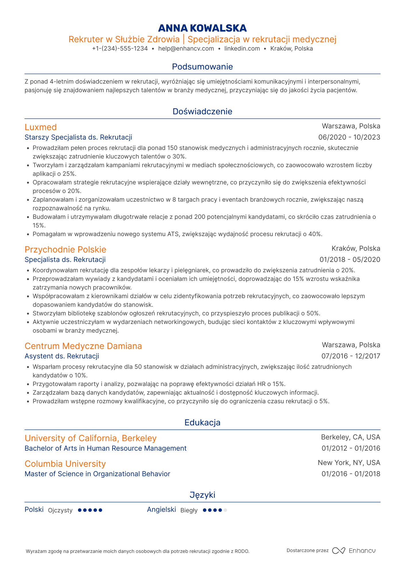 CV dla Rekruter w Służbie Zdrowia