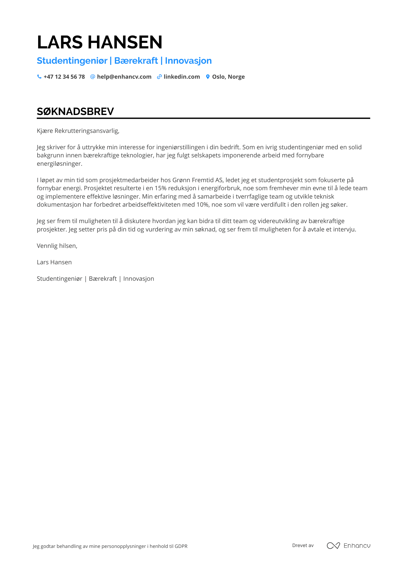 Søknadsbrev for Studentingeniør
