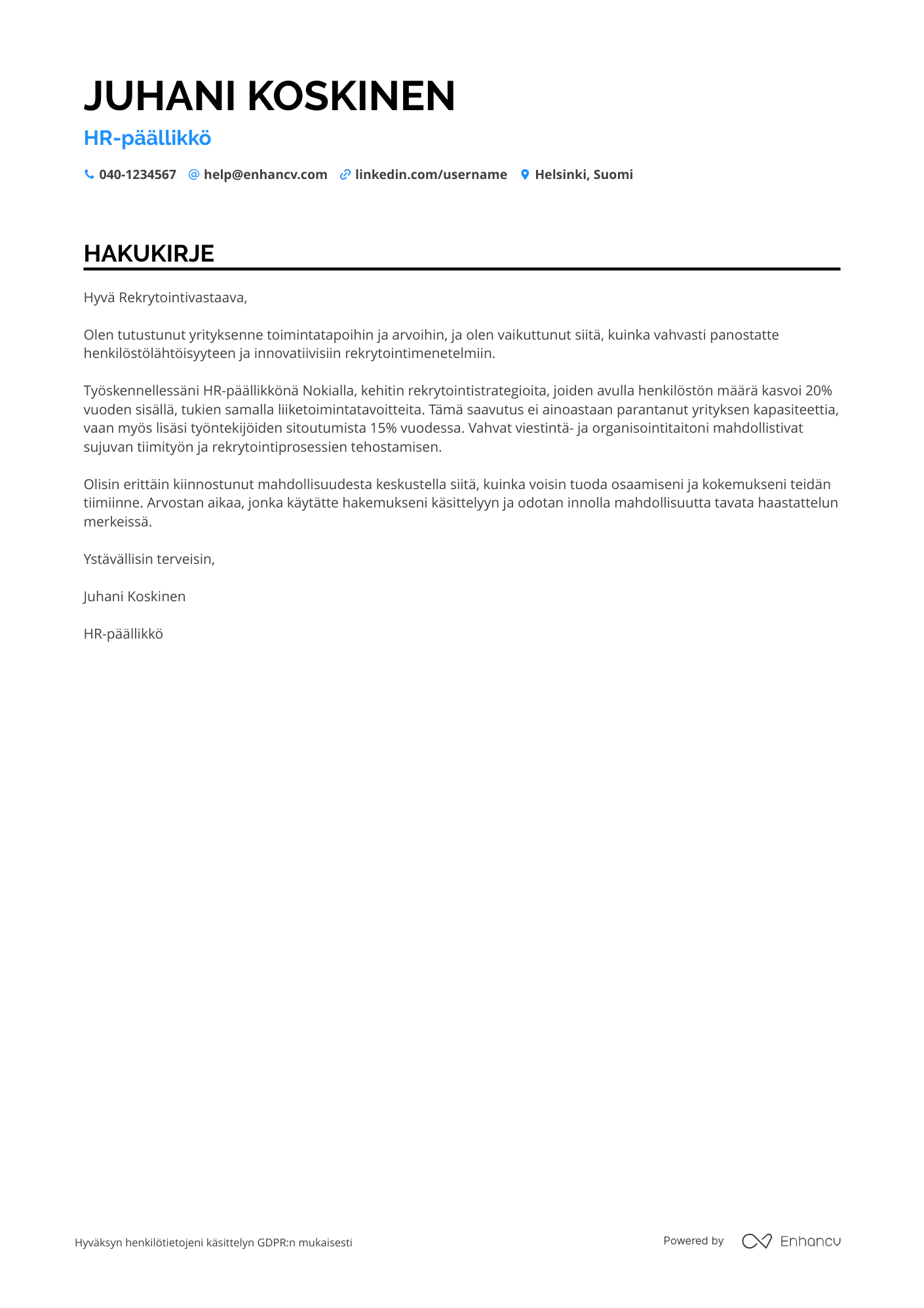 Hakukirje HR päällikkö rekrytointi