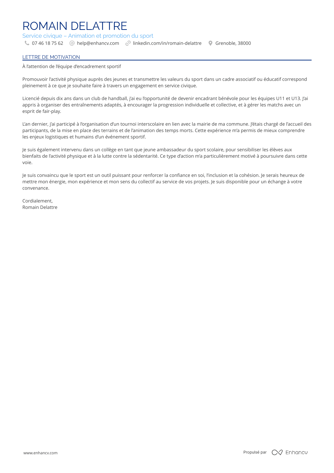 Modèle de lettre de motivation pour un service civique dans le sport