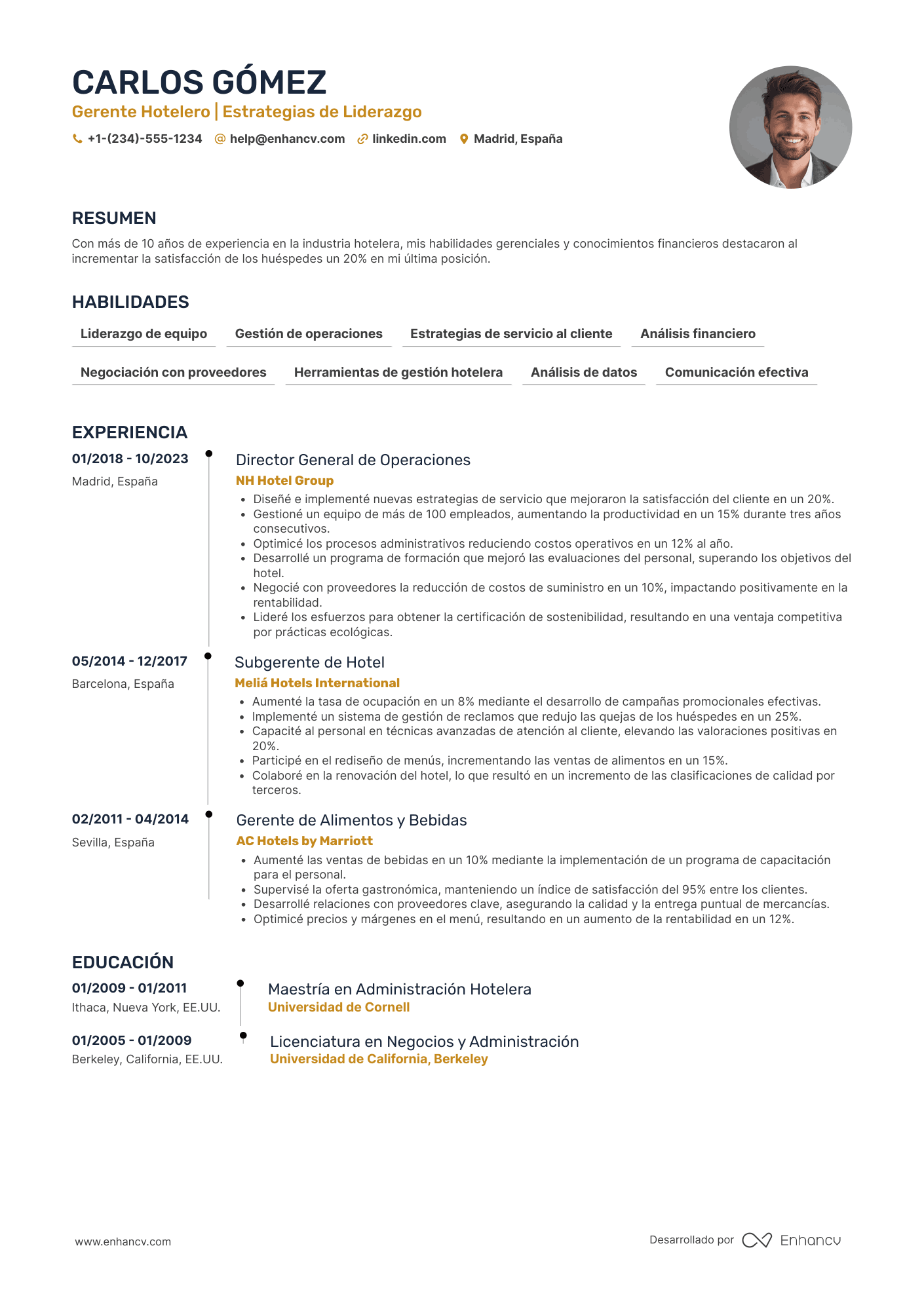 Ejemplo de currículum de gerente hotelero