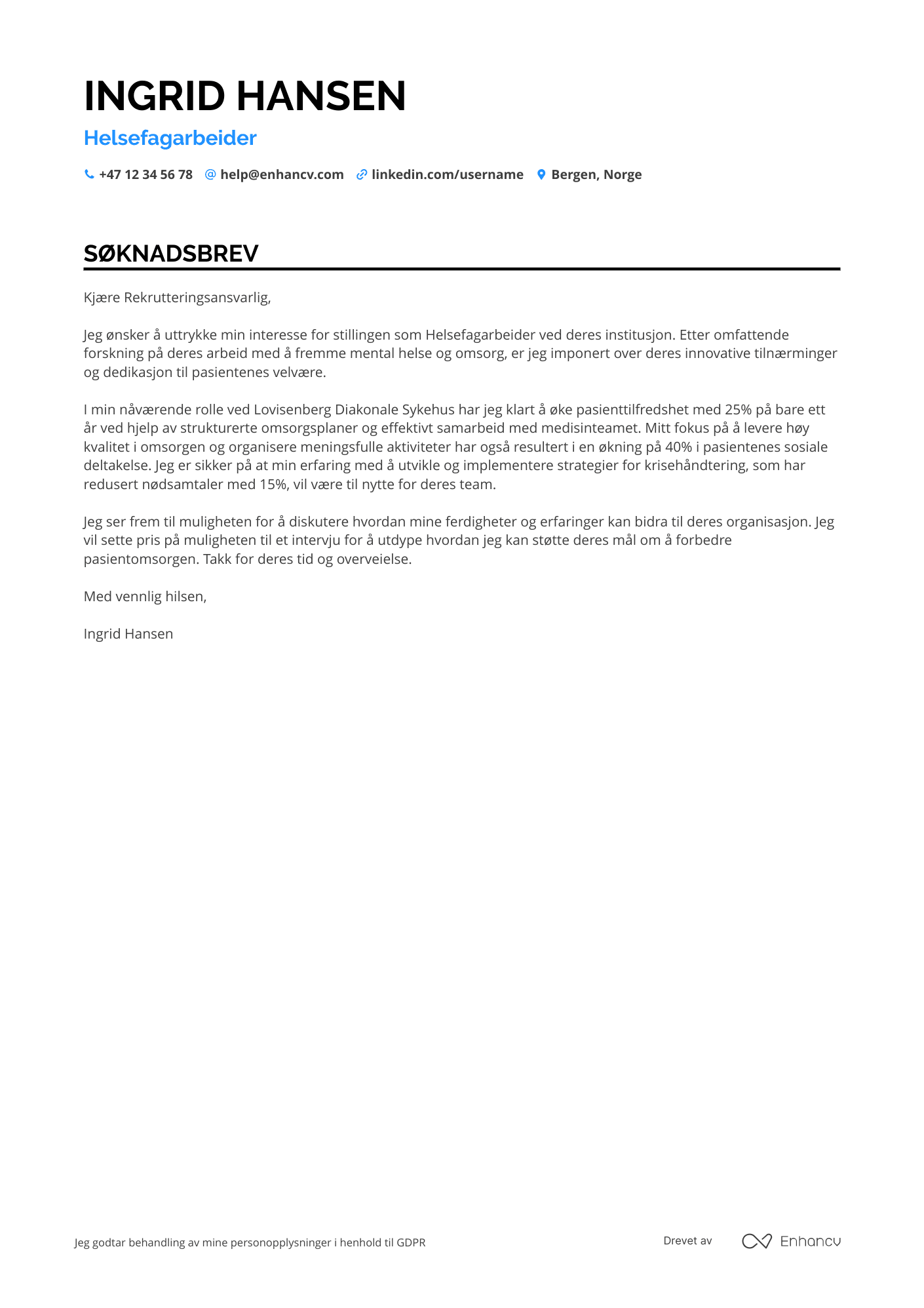 Søknadsbrev for Helsefagarbeider Psykiatri