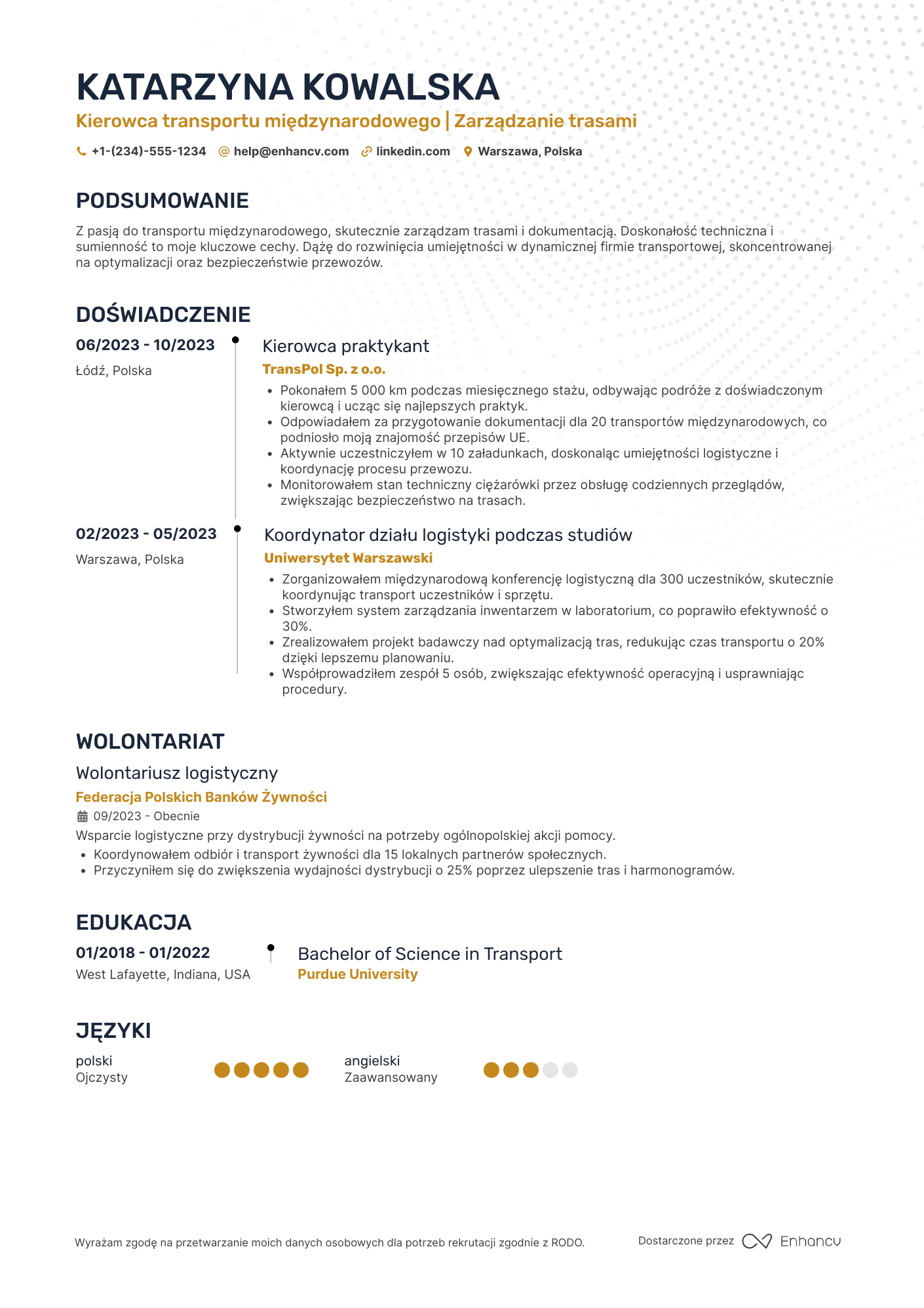 CV dla Kierowca transportu międzynarodowego