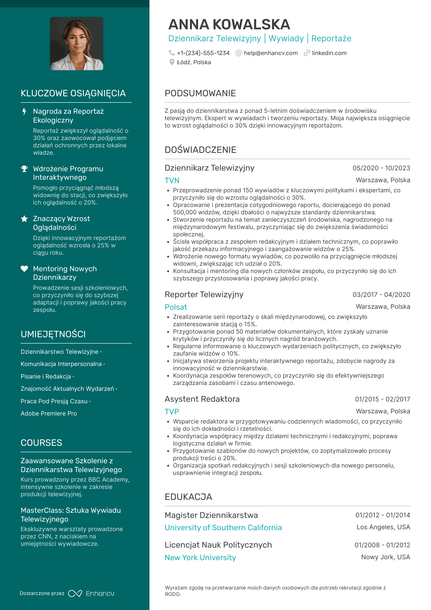 CV dla Dziennikarz Telewizyjny