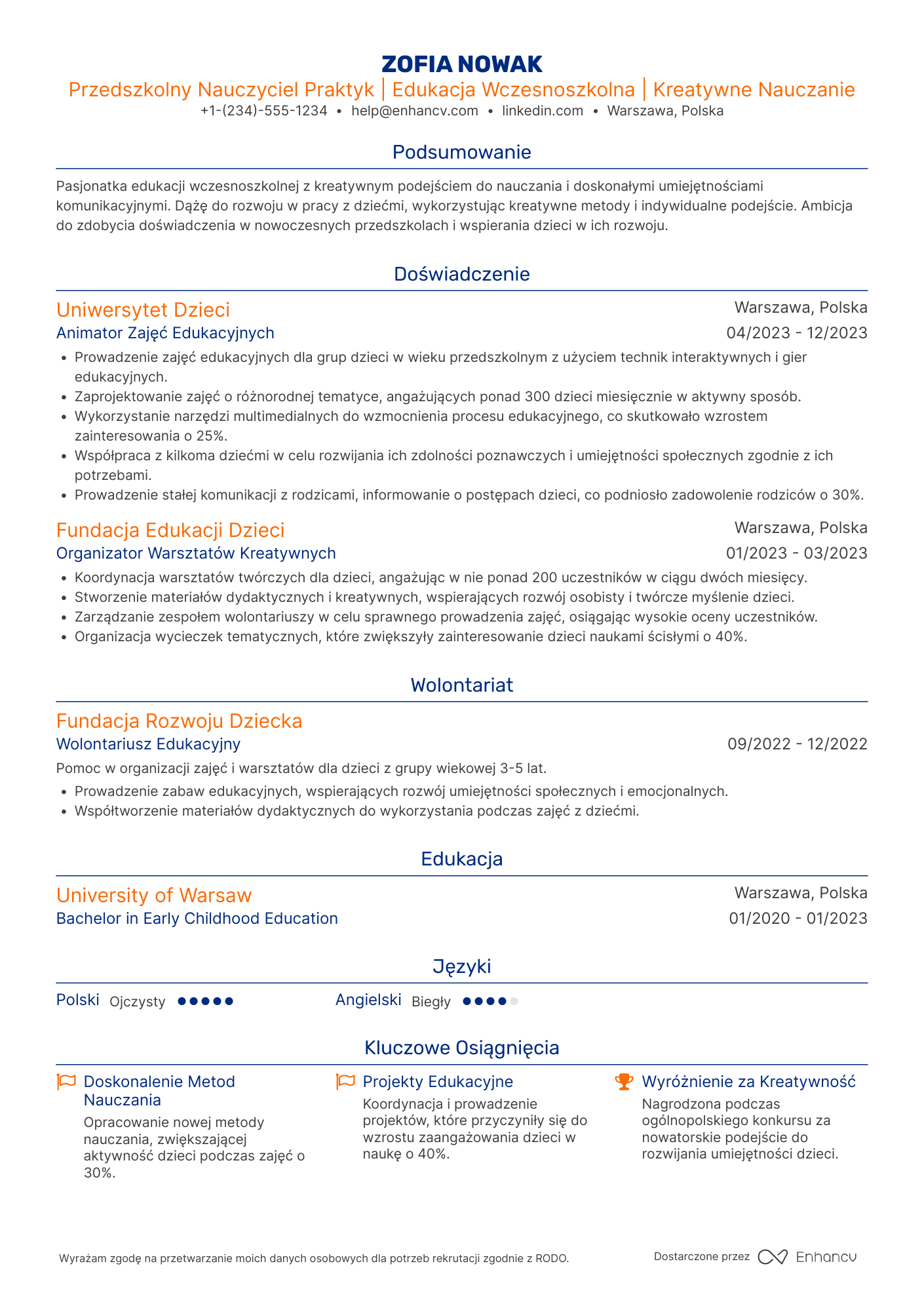 CV dla Przedszkolny Nauczyciel Praktyk