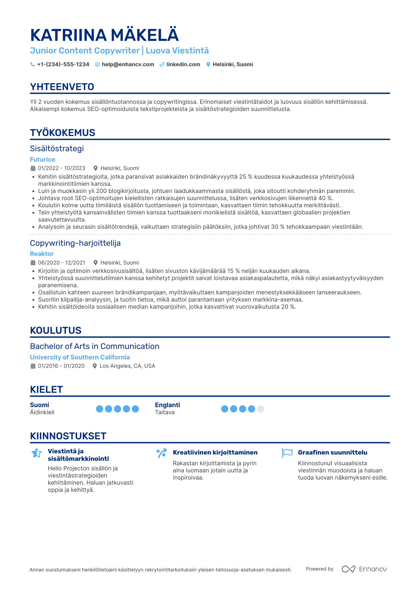 Ansioluettelo Junior Content Copywriter