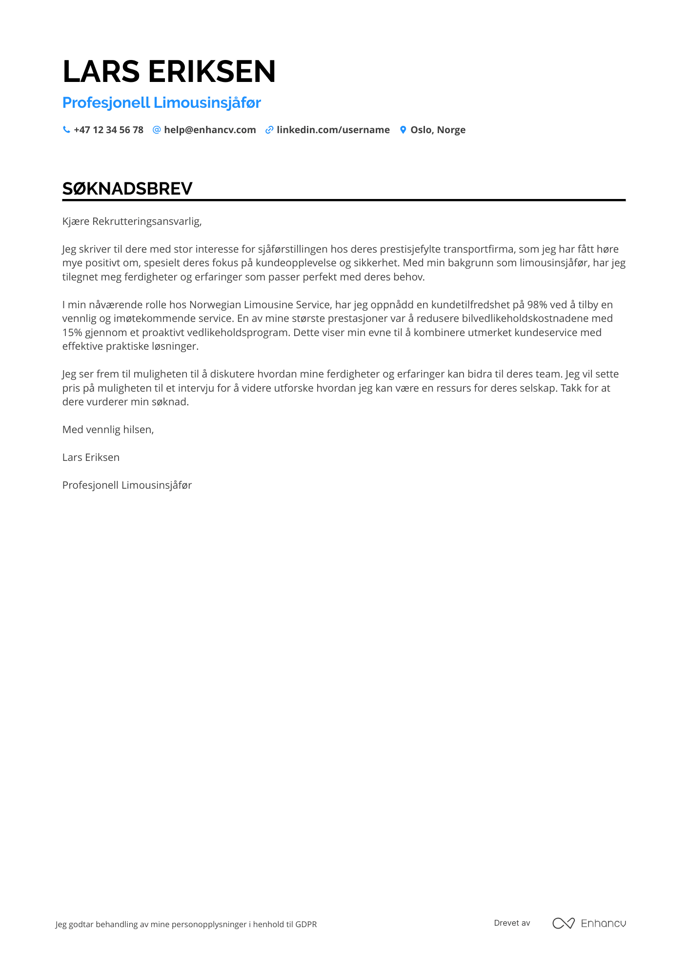 Søknadsbrev for Limousinsjåfør