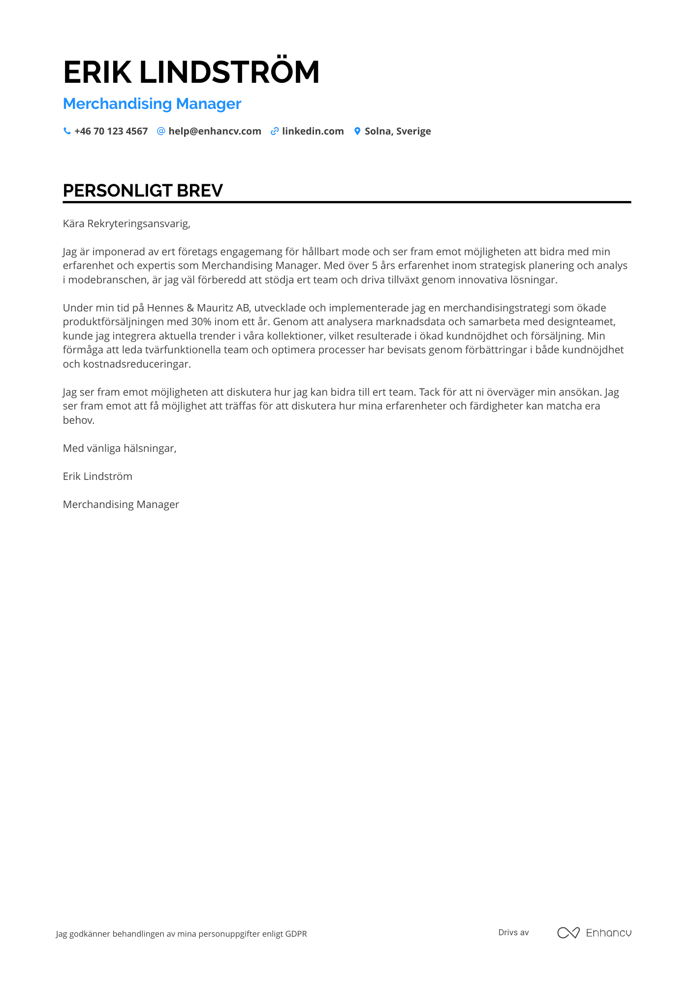Personligt brev för Merchandising Manager