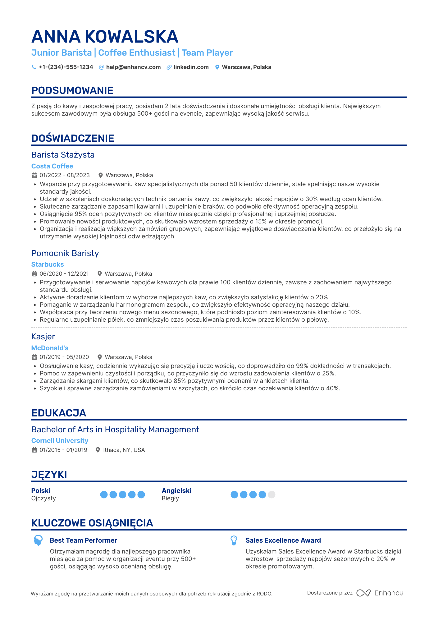 CV dla Junior Barista