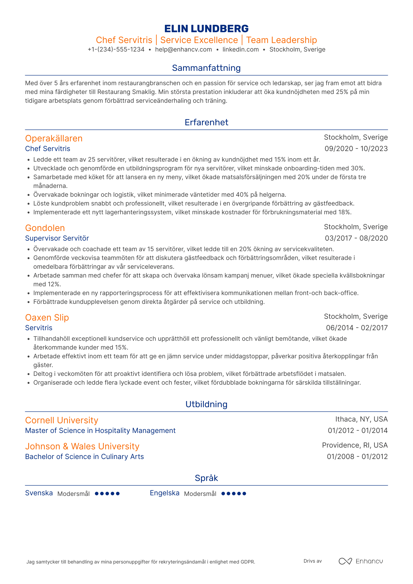 CV för Chef Servitris