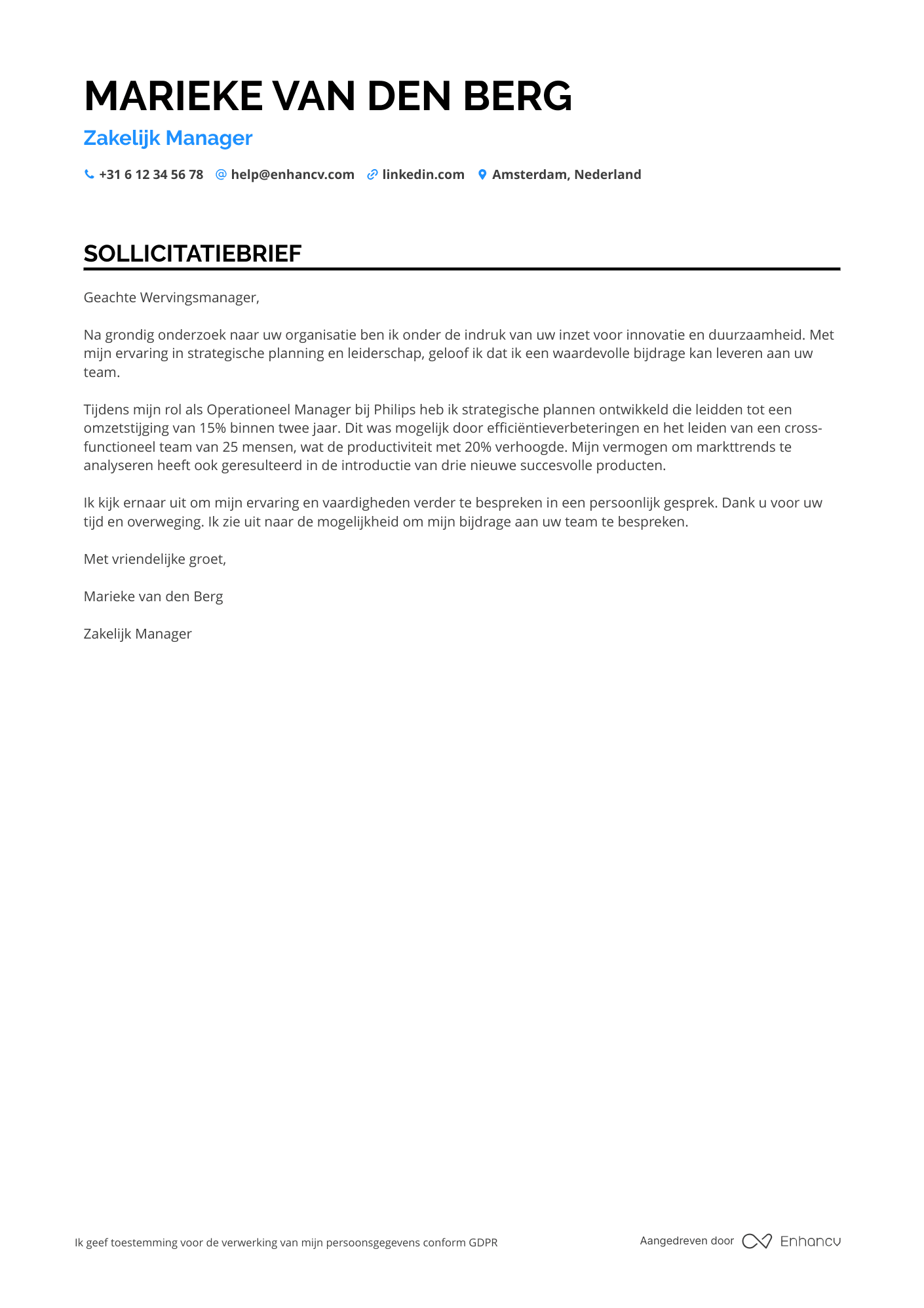 Sollicitatiebrief voor Zakelijk Manager
