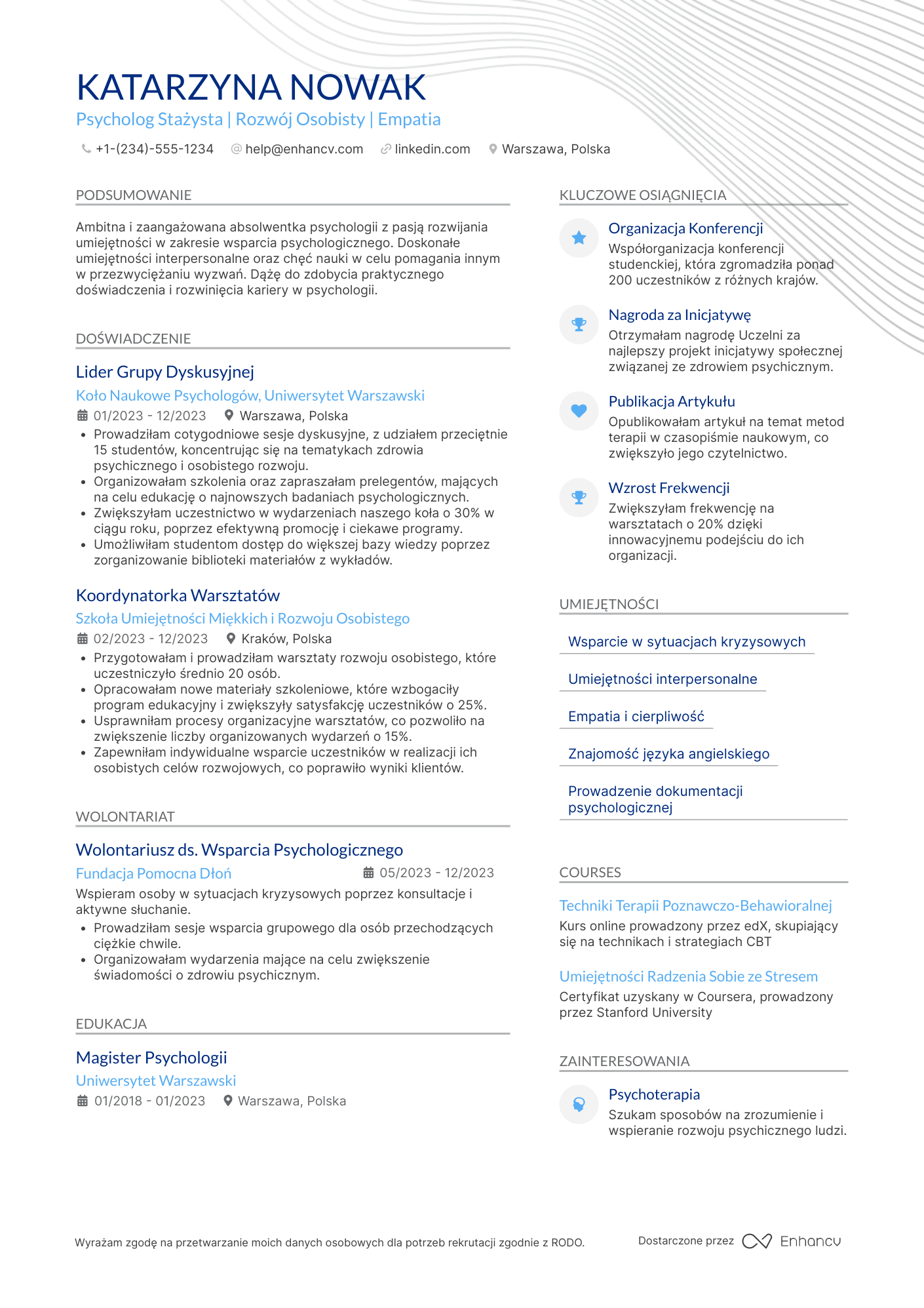 CV dla Psycholog stażysta