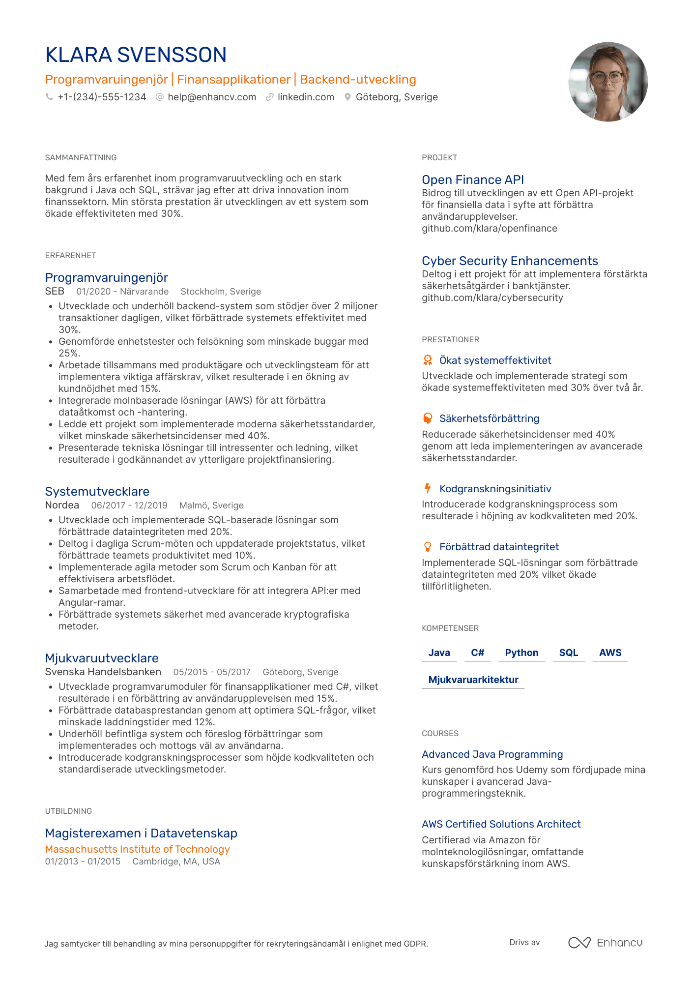 CV för Programvaruingenjör inom finans