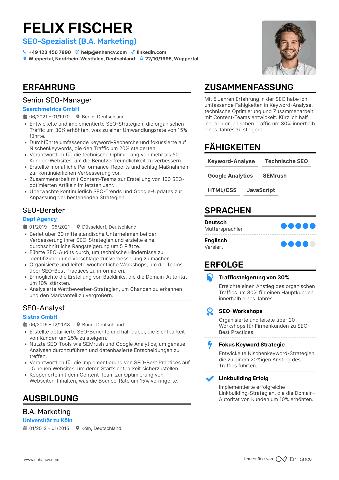 Lebenslauf als SEO Spezialist mit 5 Jahren Erfahrung