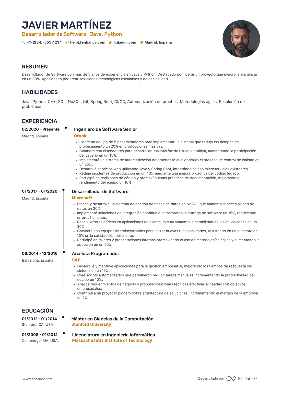 Ejemplo de CV de desarrollador de software