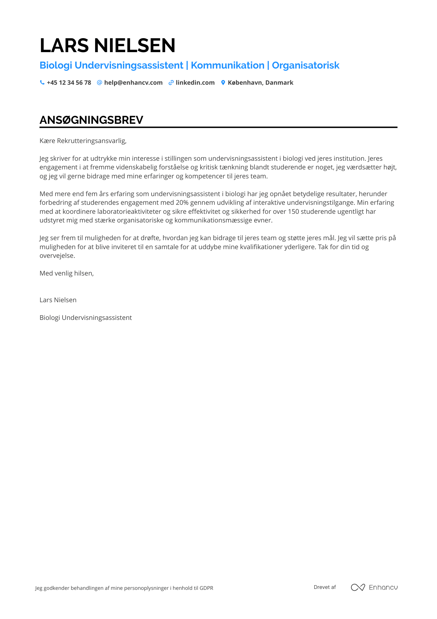 Ansøgningsbrev til Biologi undervisningsassistent