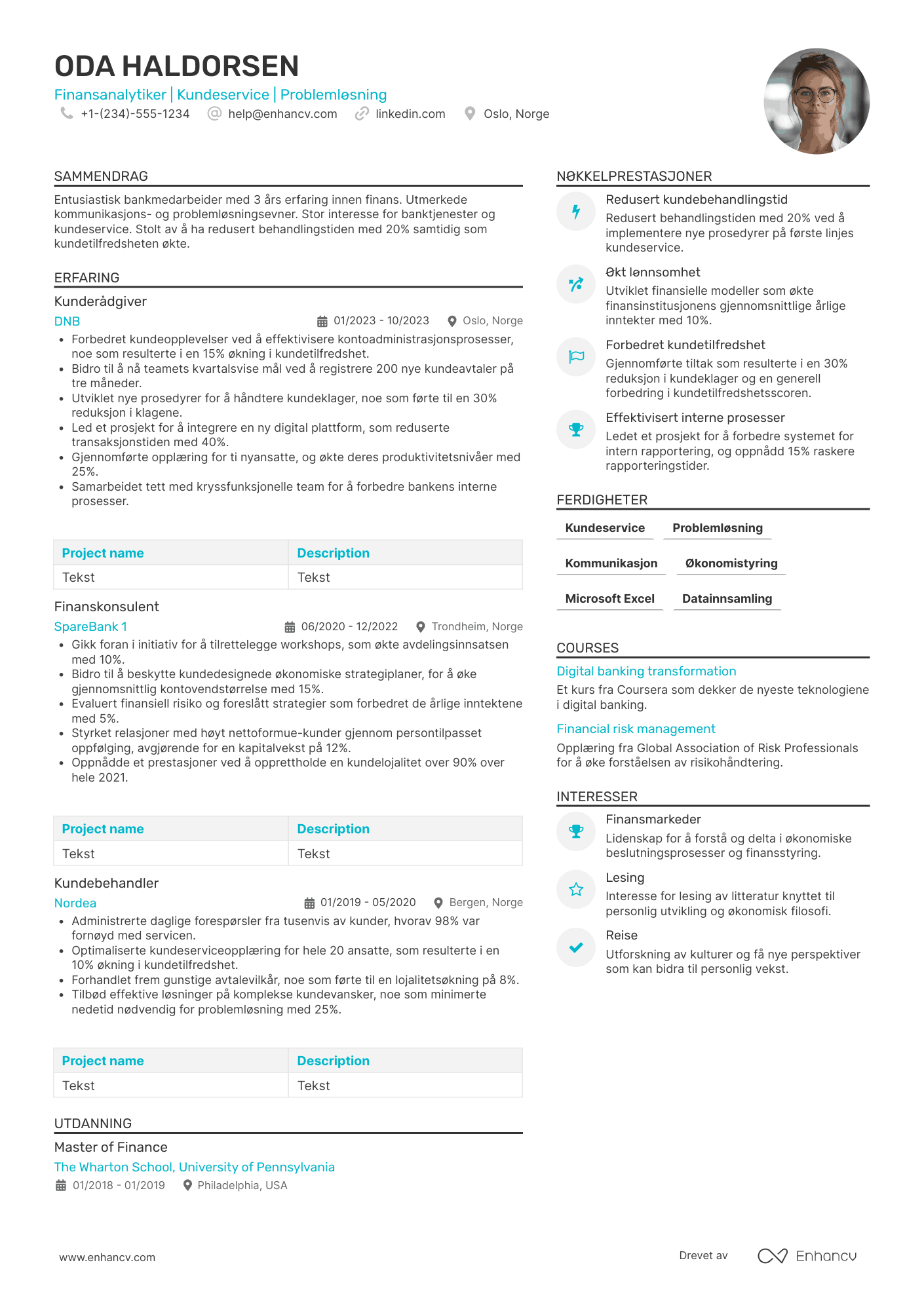 CV for Nyutdannede Bankmedarbeider i finanssektoren