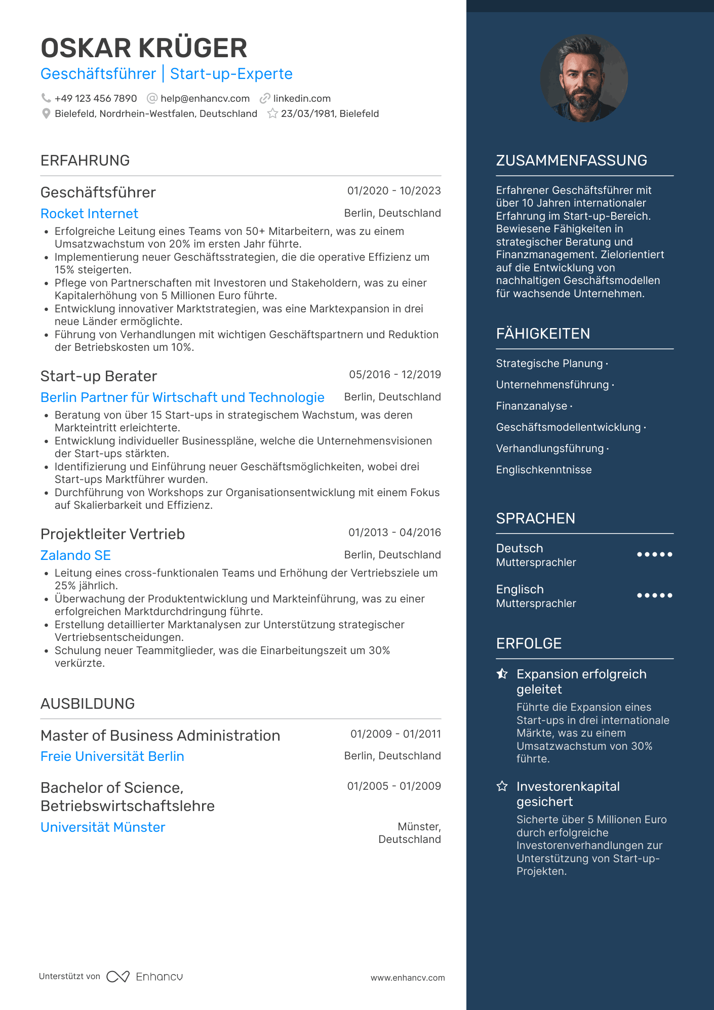 Lebenslauf als Geschäftsführer für Start ups