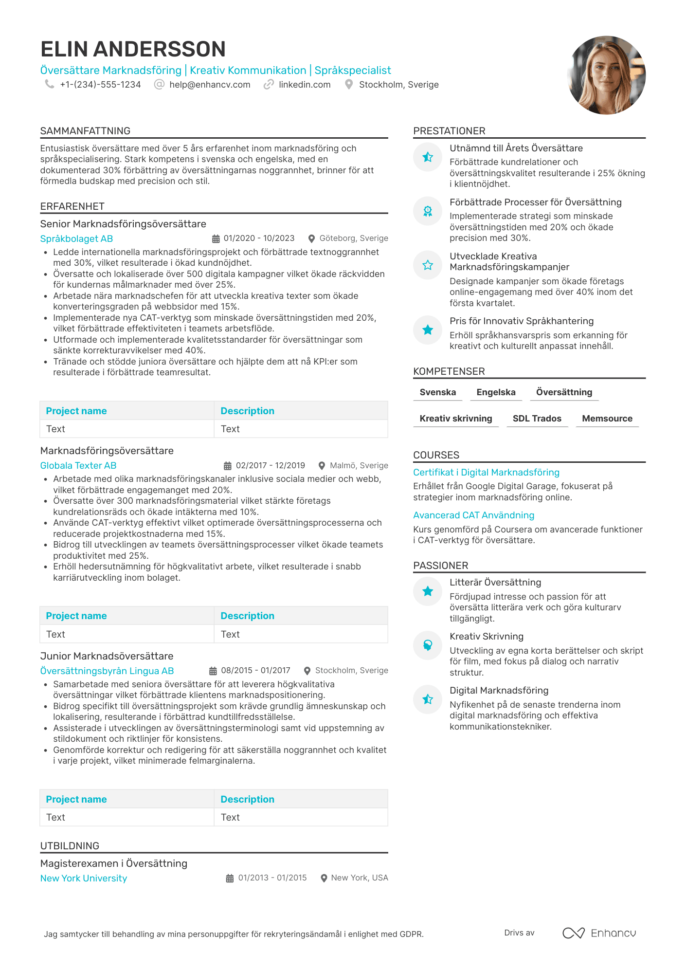 CV för Översättare Marknadsföring
