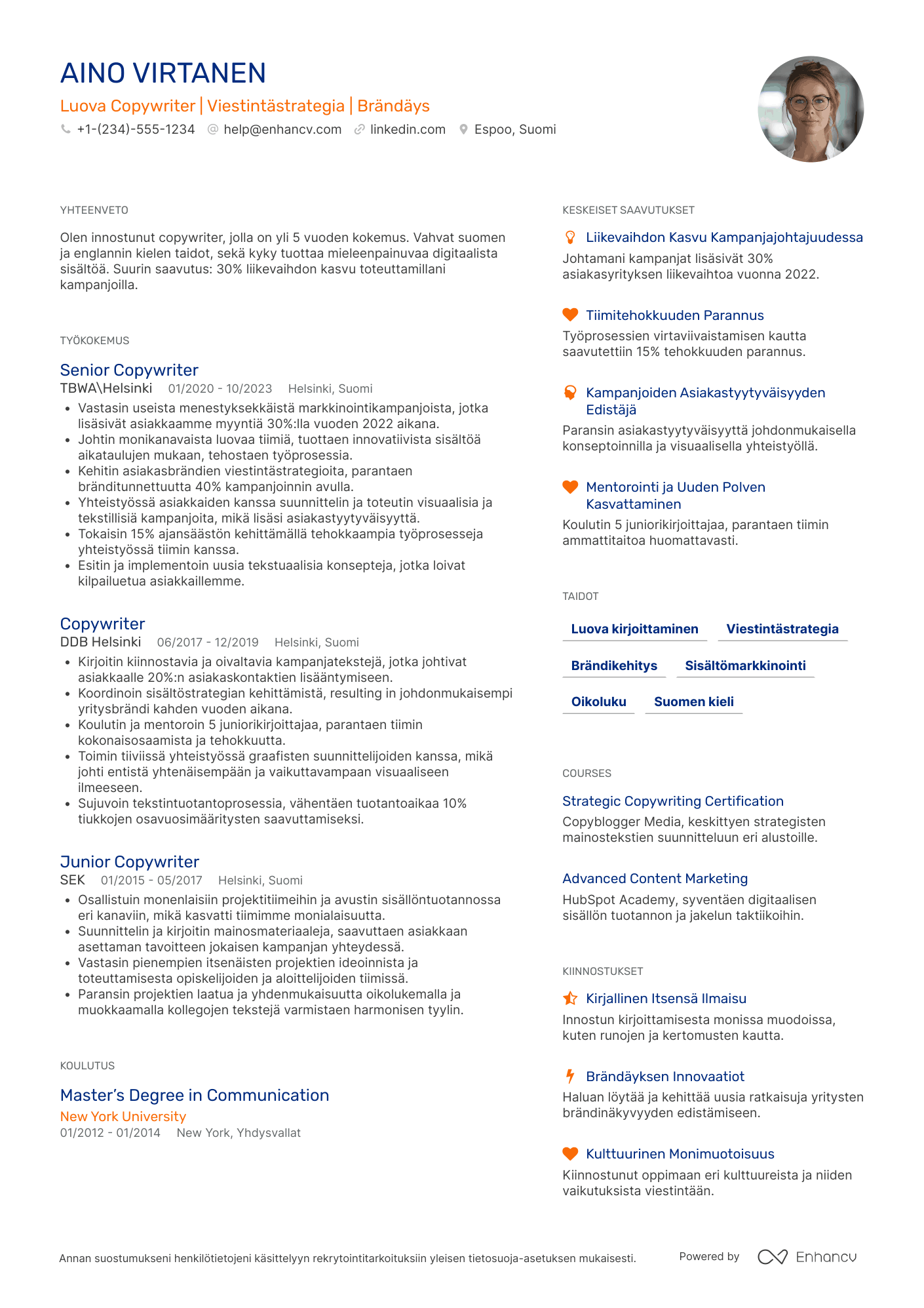 Ansioluettelo Creative Copywriter