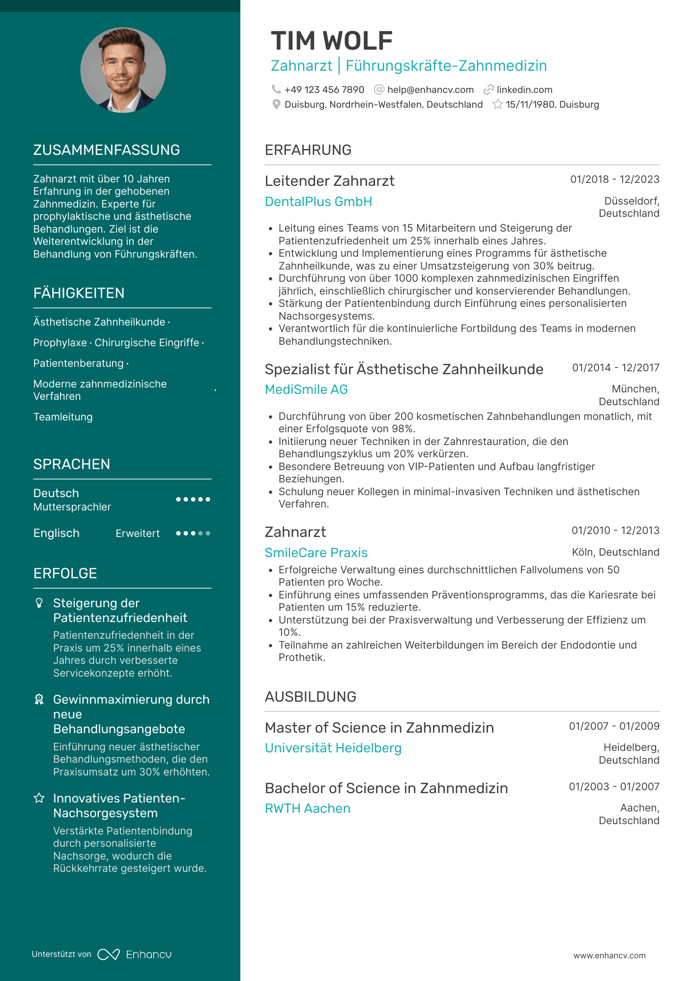 Lebenslauf als Zahnarzt für Führungskräfte