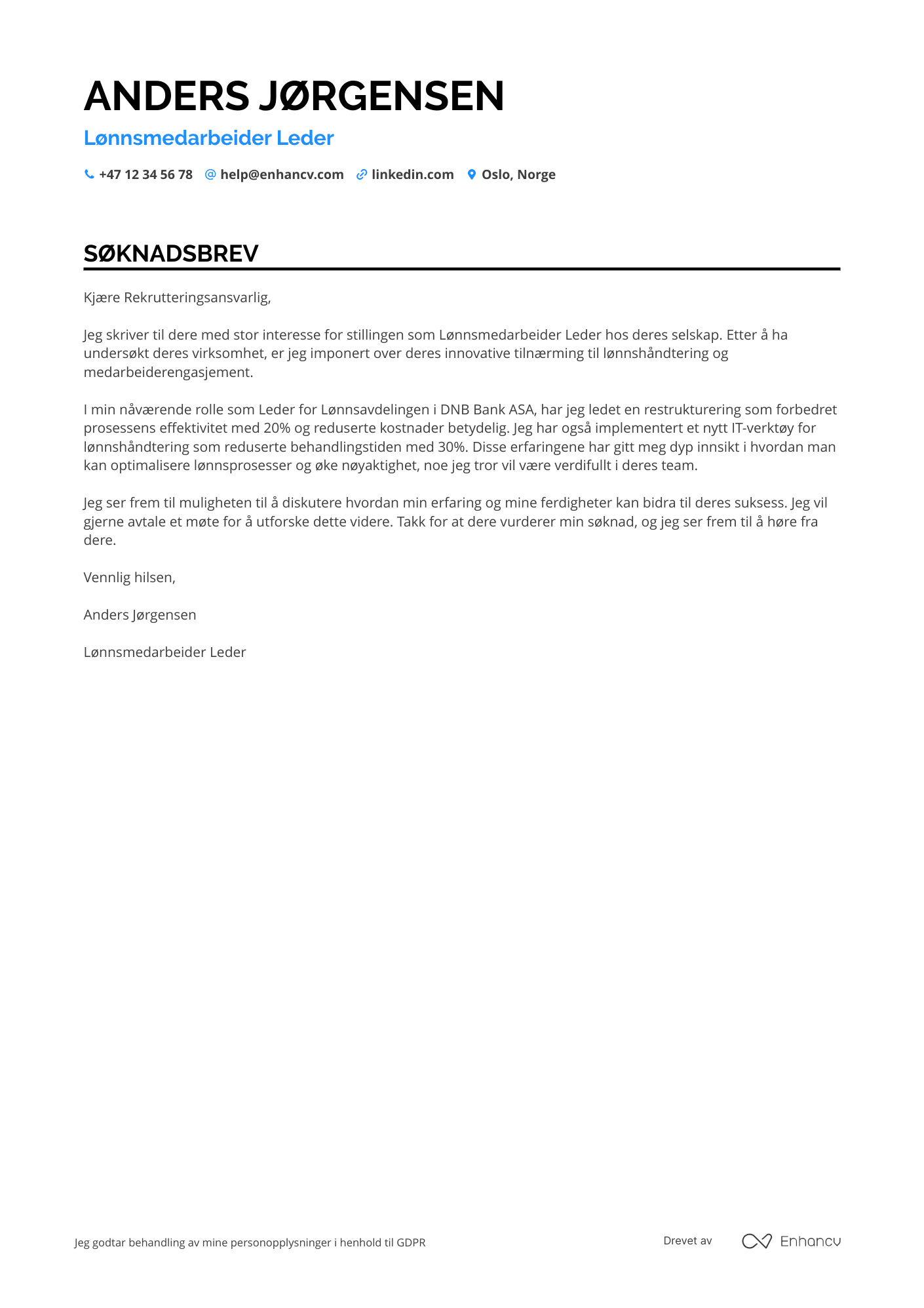 Søknadsbrev for Lønnsmedarbeider Leder