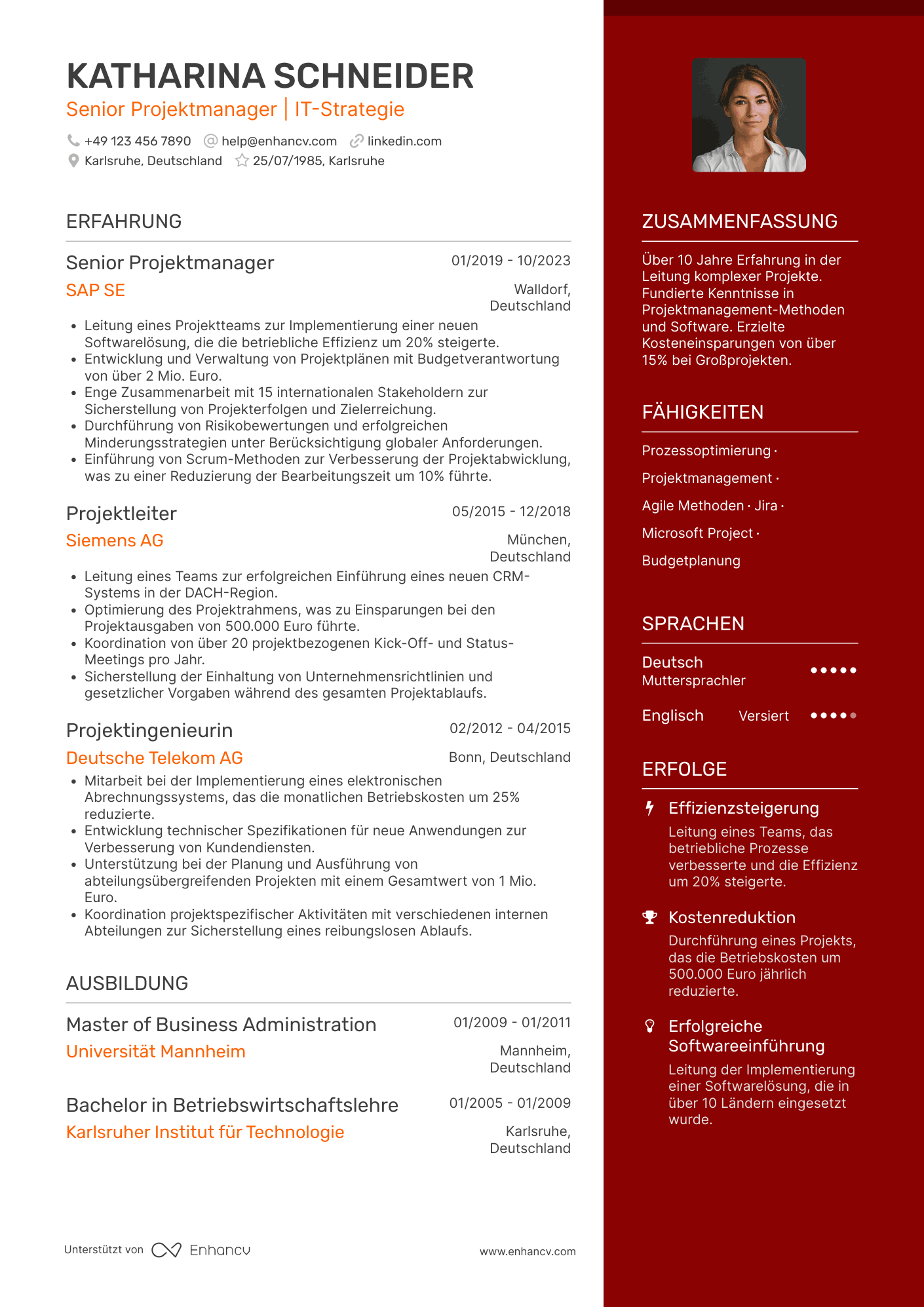 Lebenslauf als Senior Projektmanager