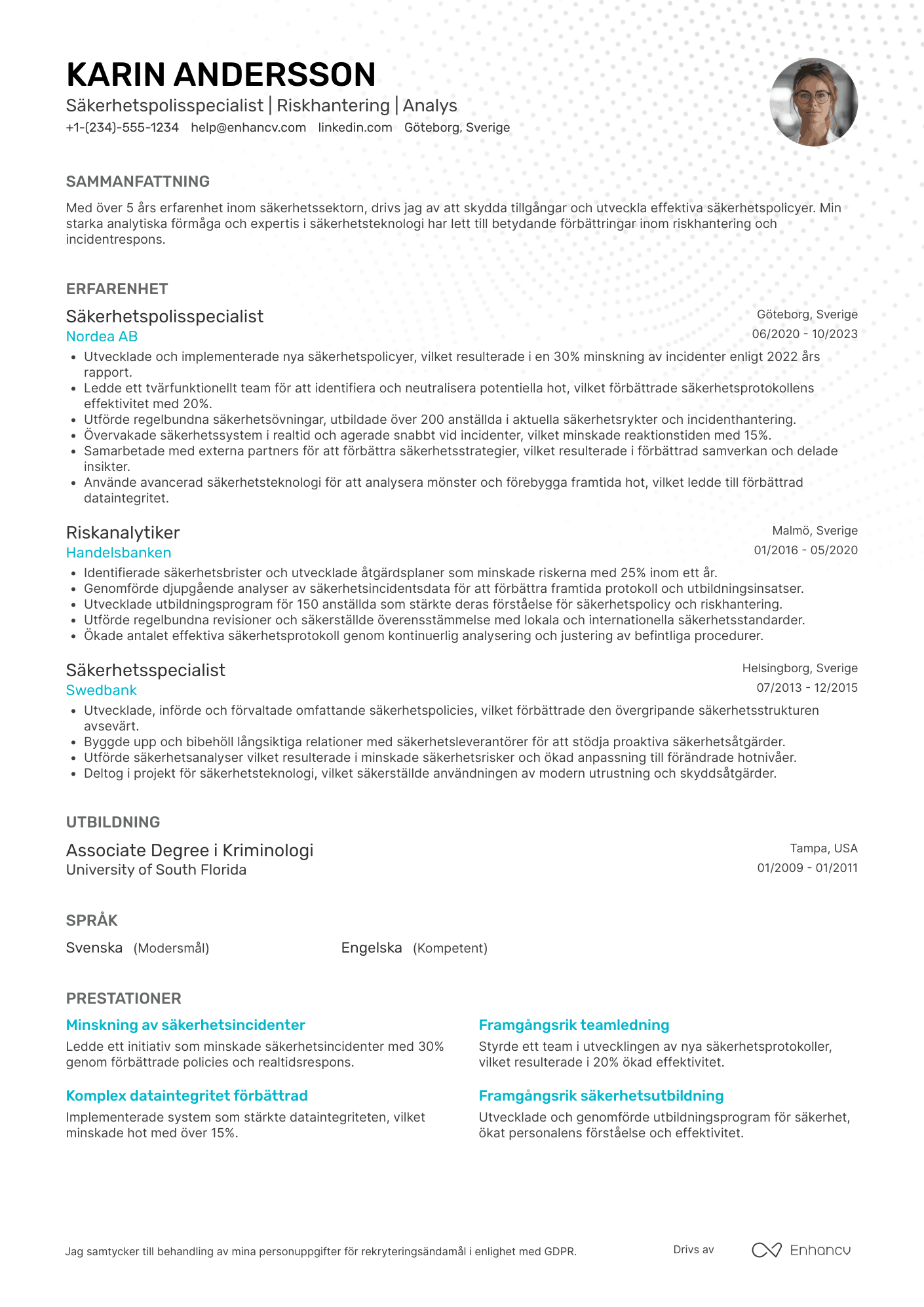 CV för Bankens säkerhetspolisspecialist
