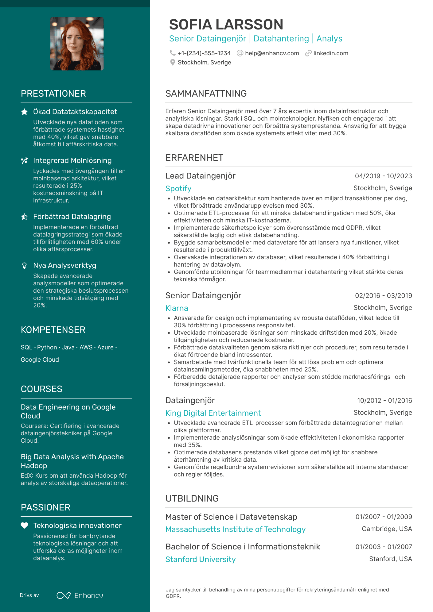 CV för Senior Dataingenjör