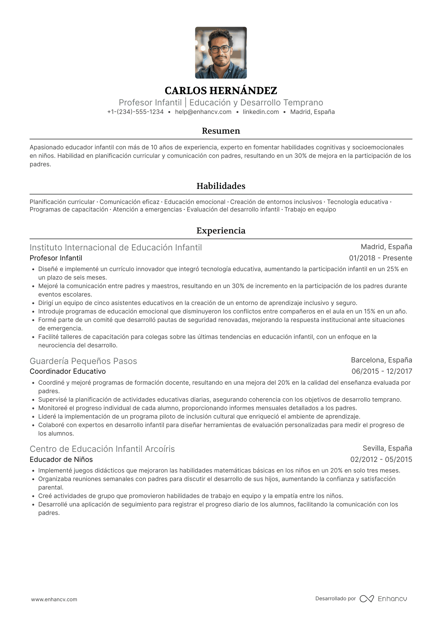 Ejemplo de currículum de profesora infantil