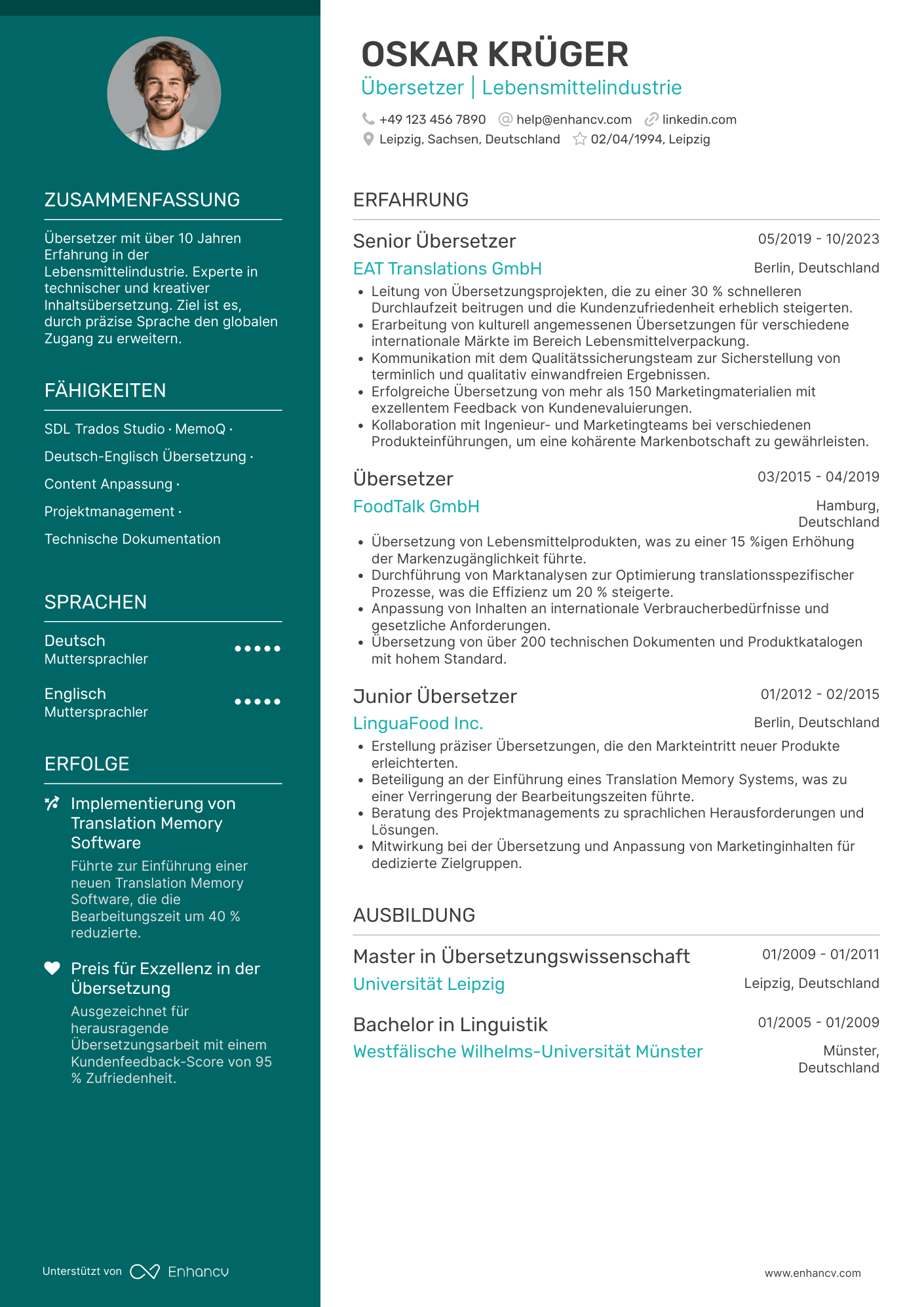 Lebenslauf in Übersetzer für die Lebensmittelindustrie