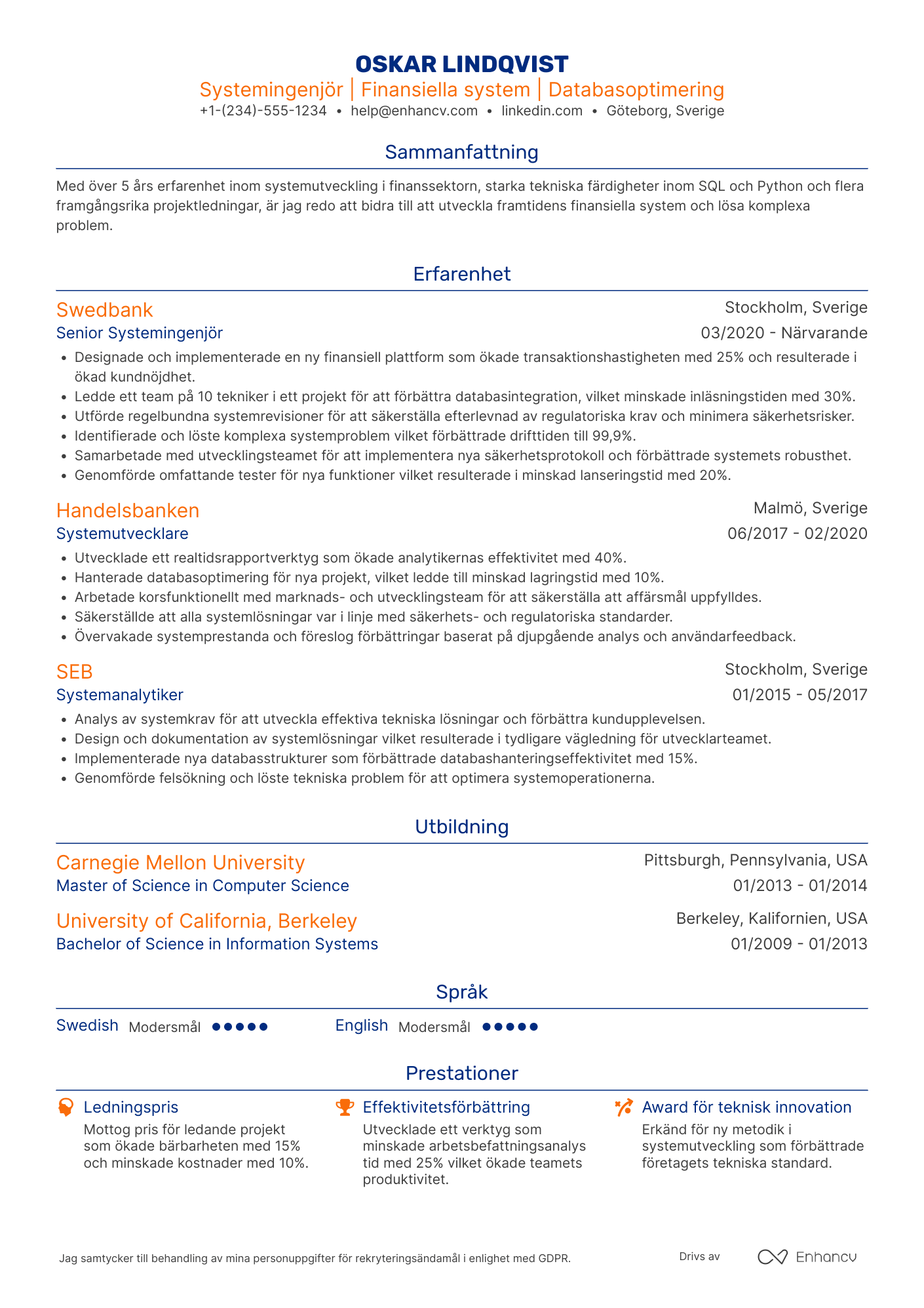 CV för Systemingenjör inom finans