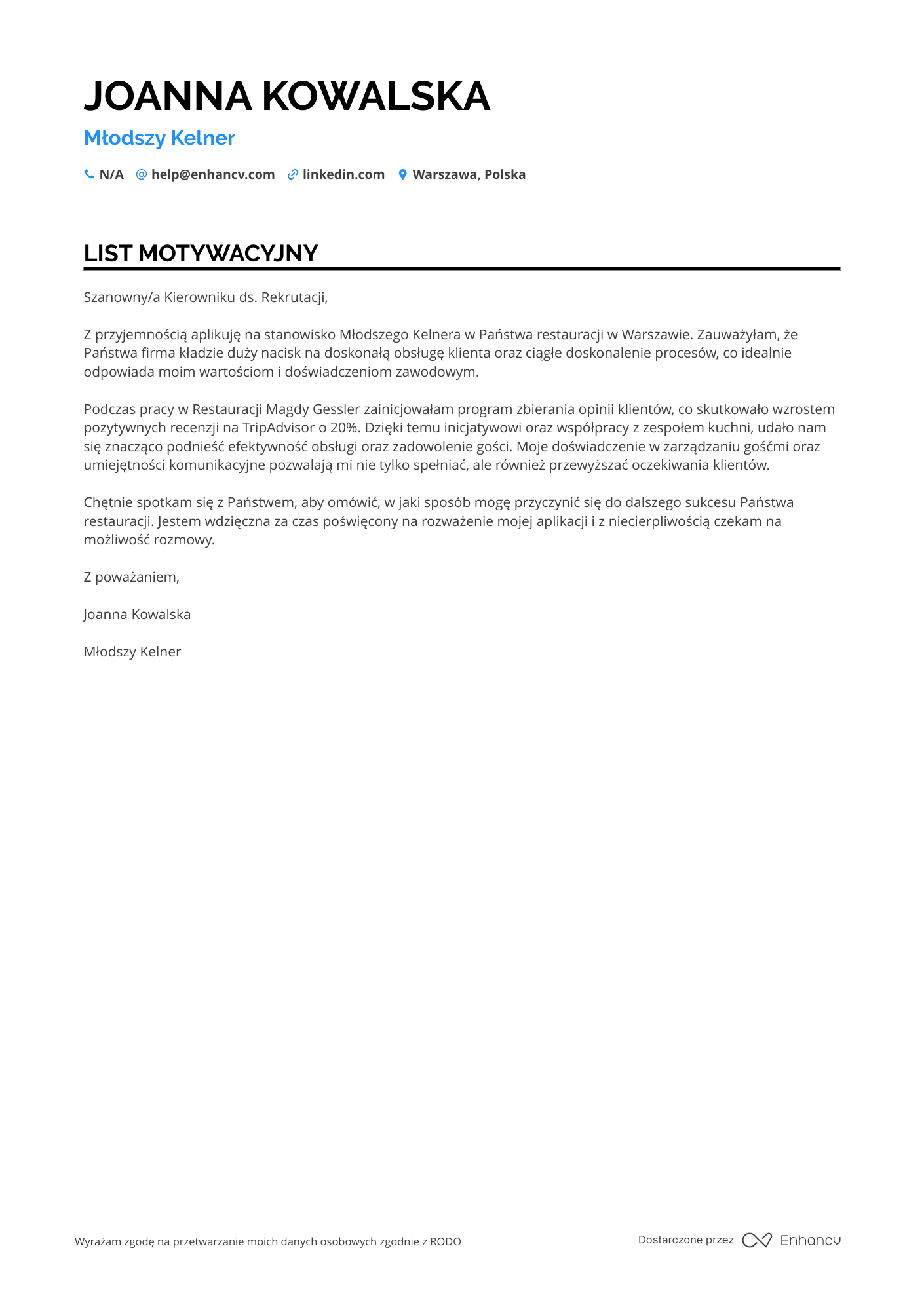 List motywacyjny dla Młodszy Kelner