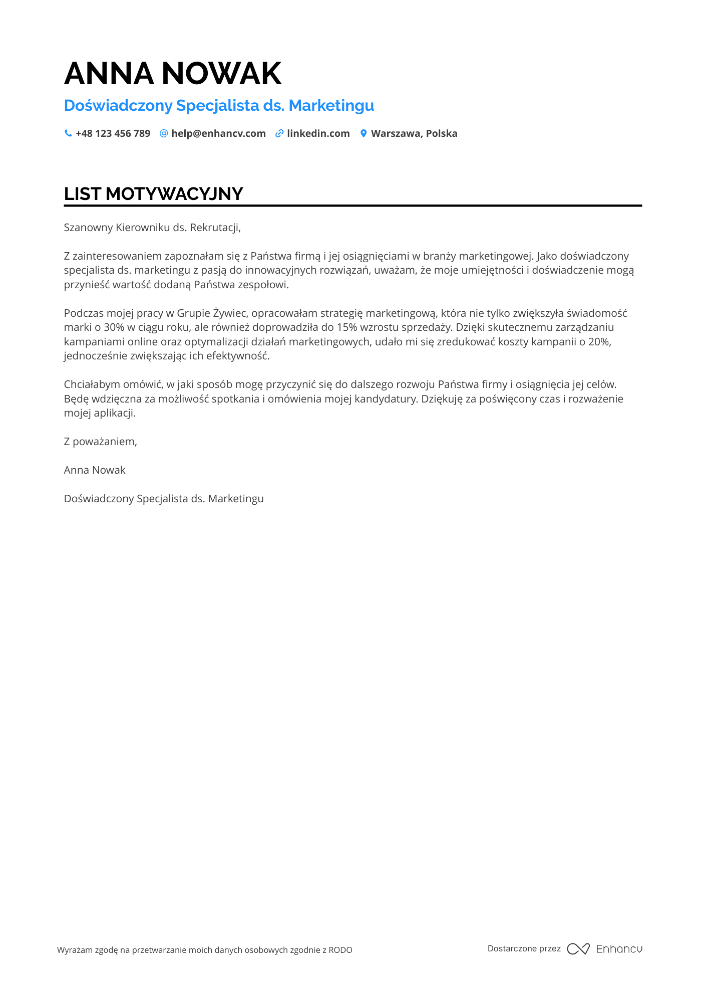 List motywacyjny dla Doświadczony Specjalista ds. Marketingu