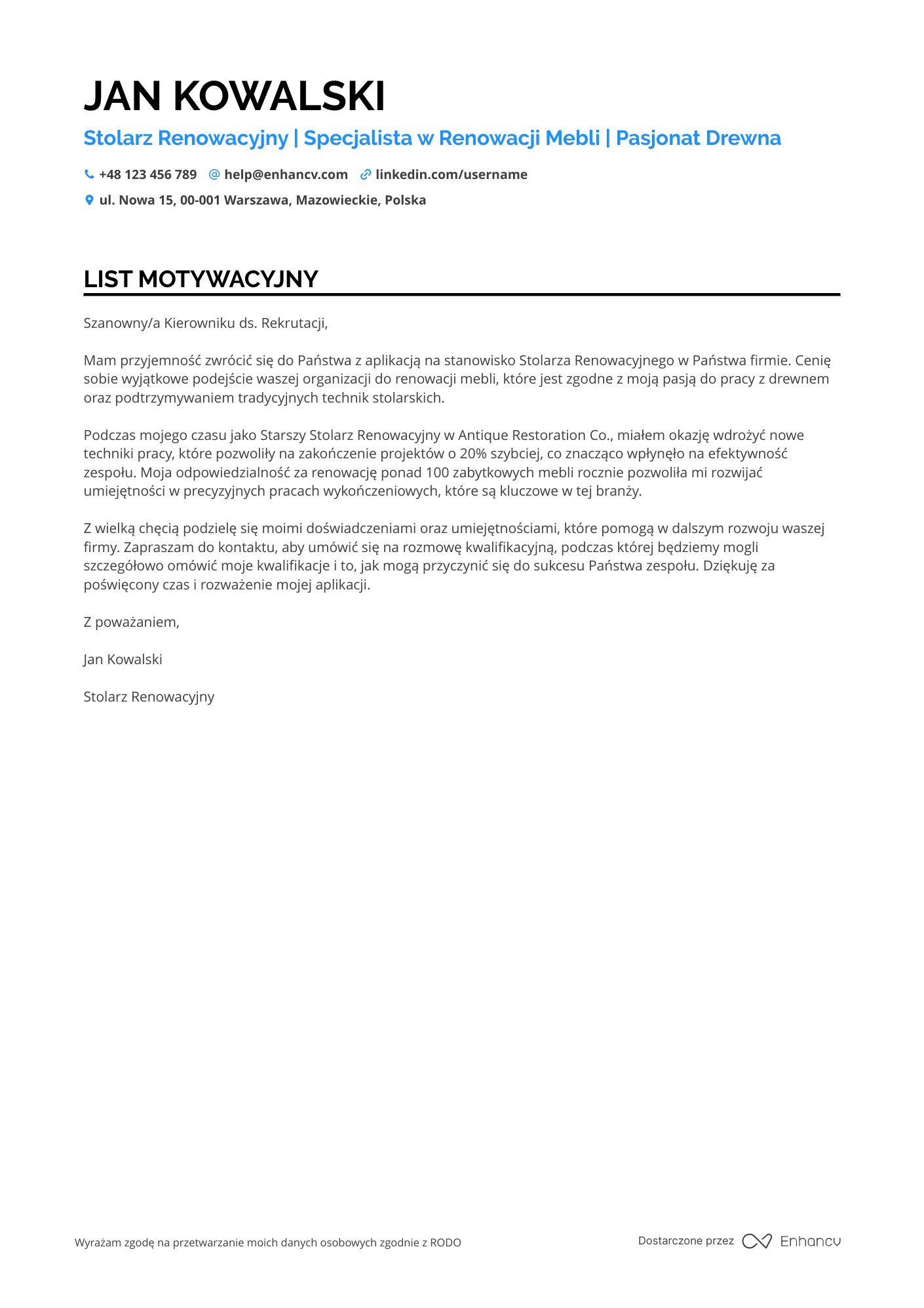 List motywacyjny dla Stolarz Renowacyjny