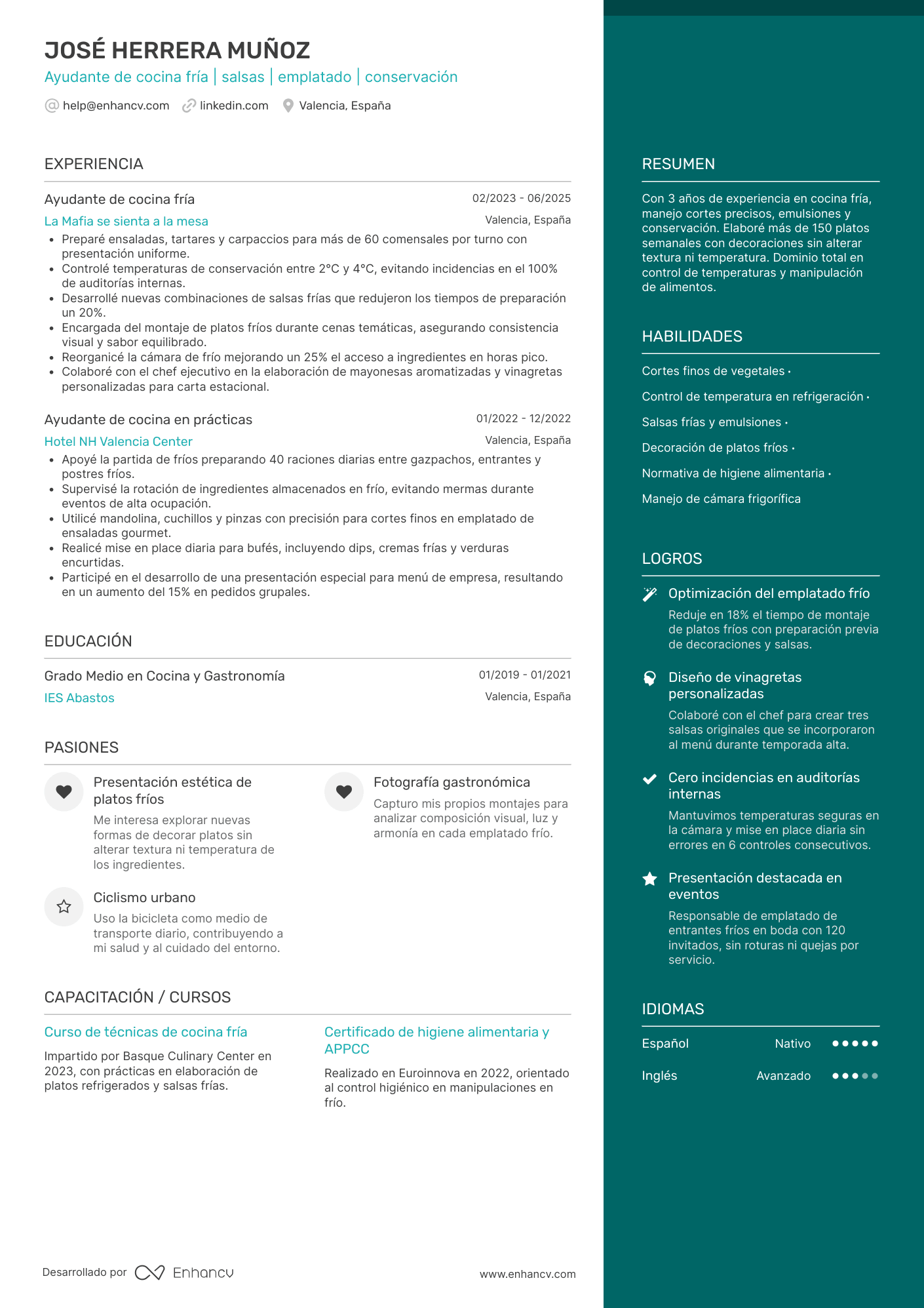 Ejemplo de currículum de ayudante de cocina fría