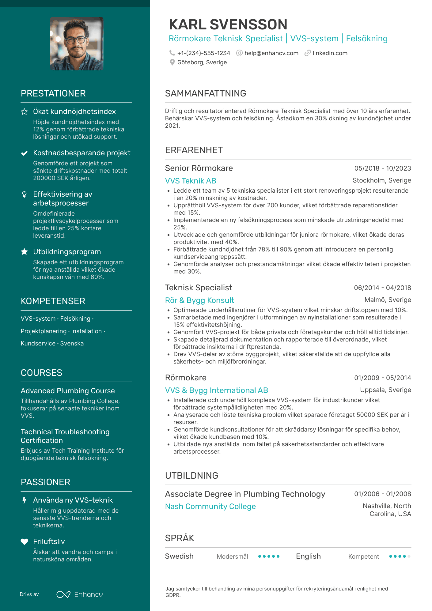 CV för Rörmokare Teknisk Specialist