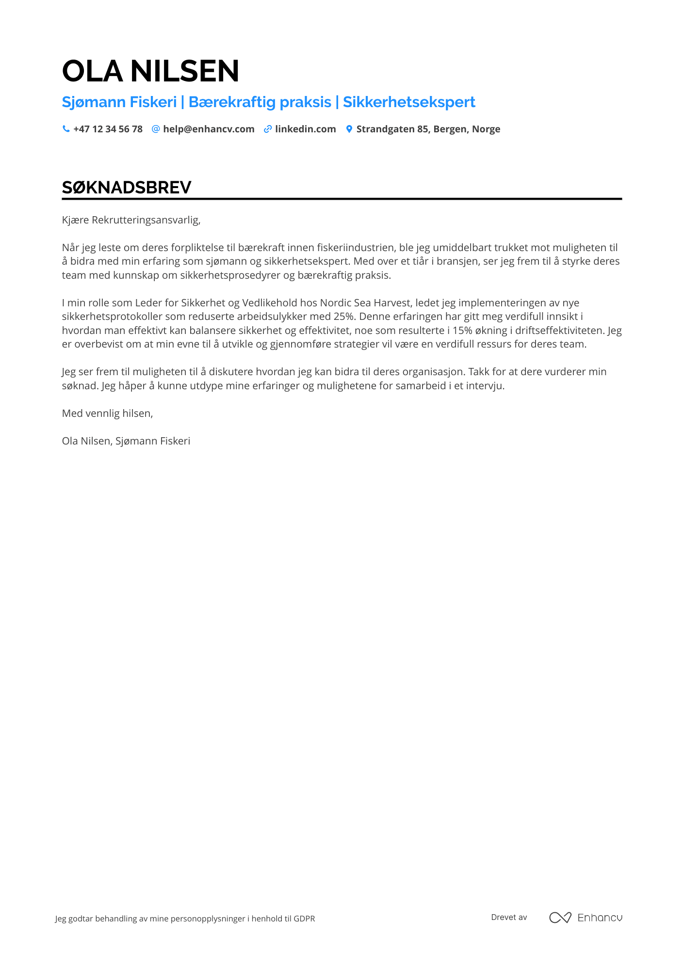 Søknadsbrev for Sjømann Fiskeri